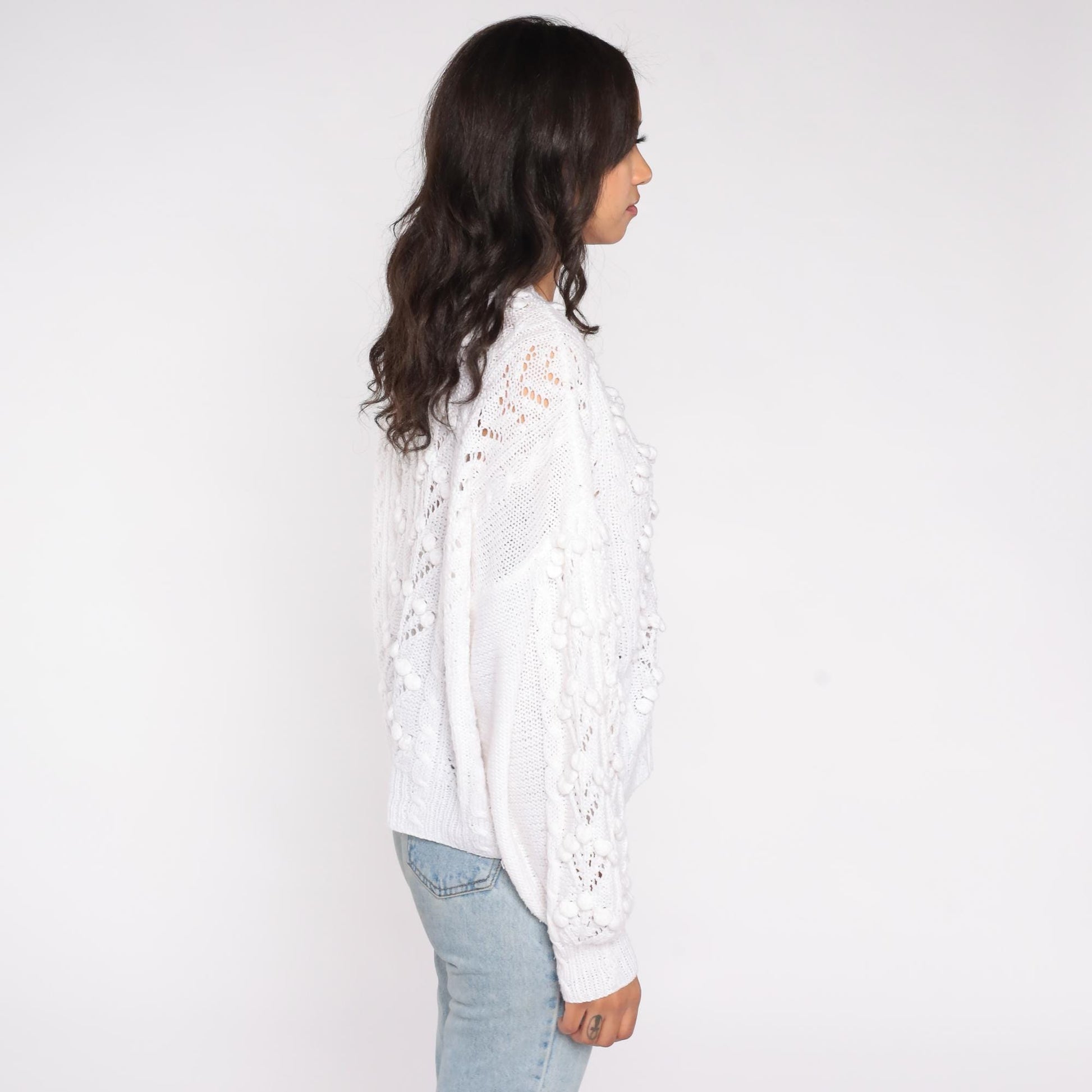 80s White Eyelet Crochet Cardigan Button-Front Scalloped Lace Large L