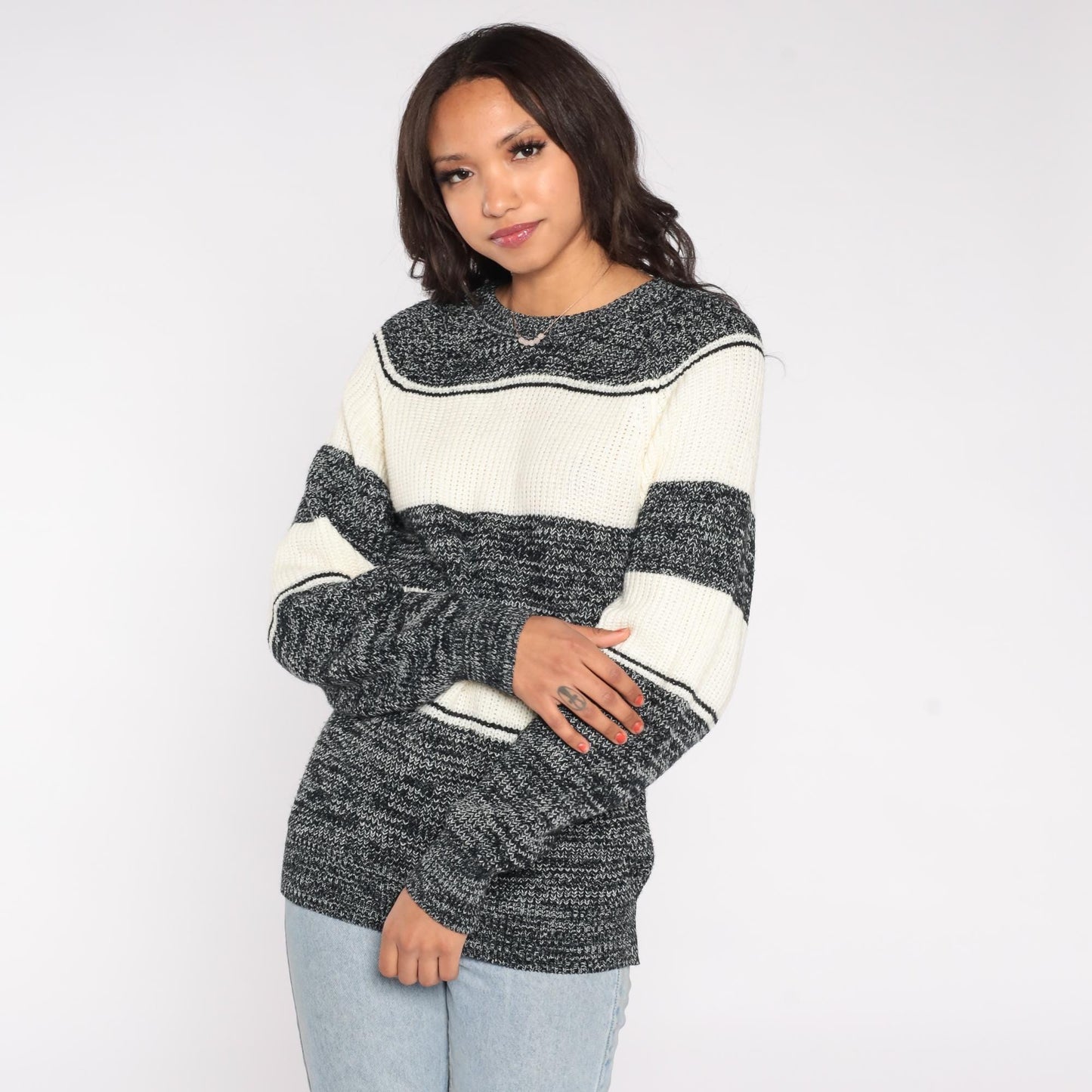 80s Expressions Striped Chunky Knit Sweater Navy White Small