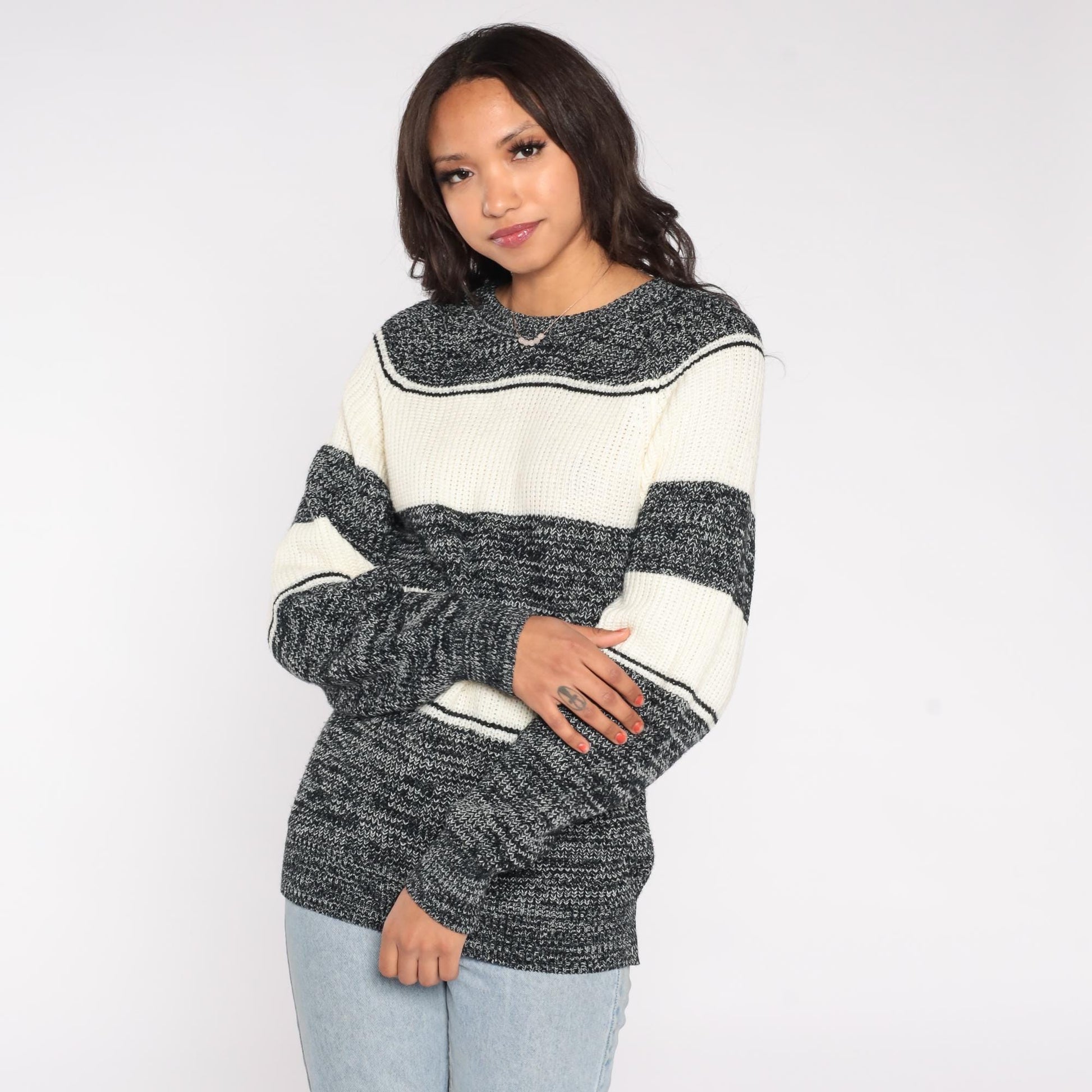 80s Expressions Striped Chunky Knit Sweater Navy White Small