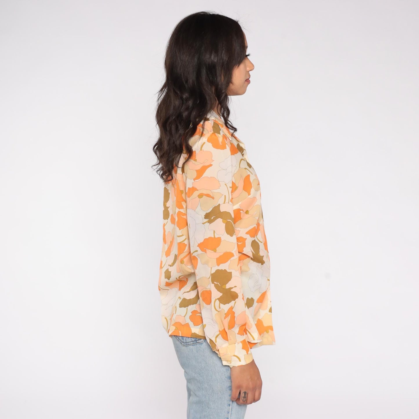 70s Alex Colman California Floral Button Blouse Orange Cream Medium