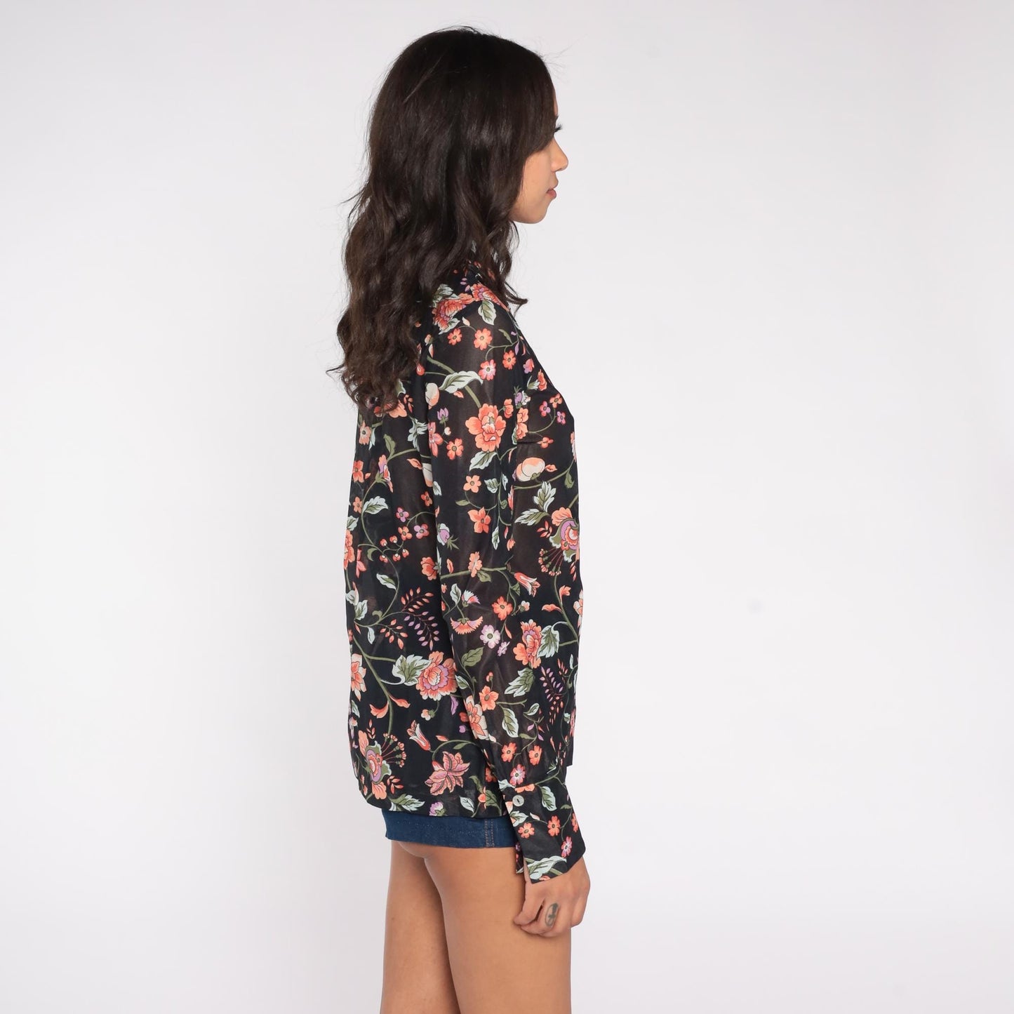 70s Rina California Black Floral Blouse Long Sleeve Botanical Print Small