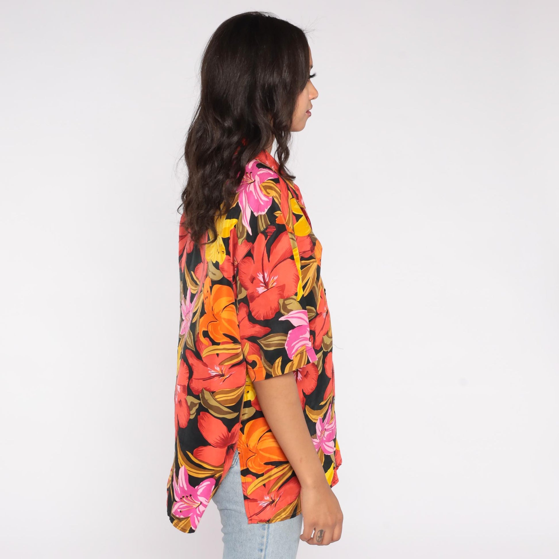 90s Partners Mervyns Hawaiian Silk Shirt Tropical Floral Camp Collar Large L
