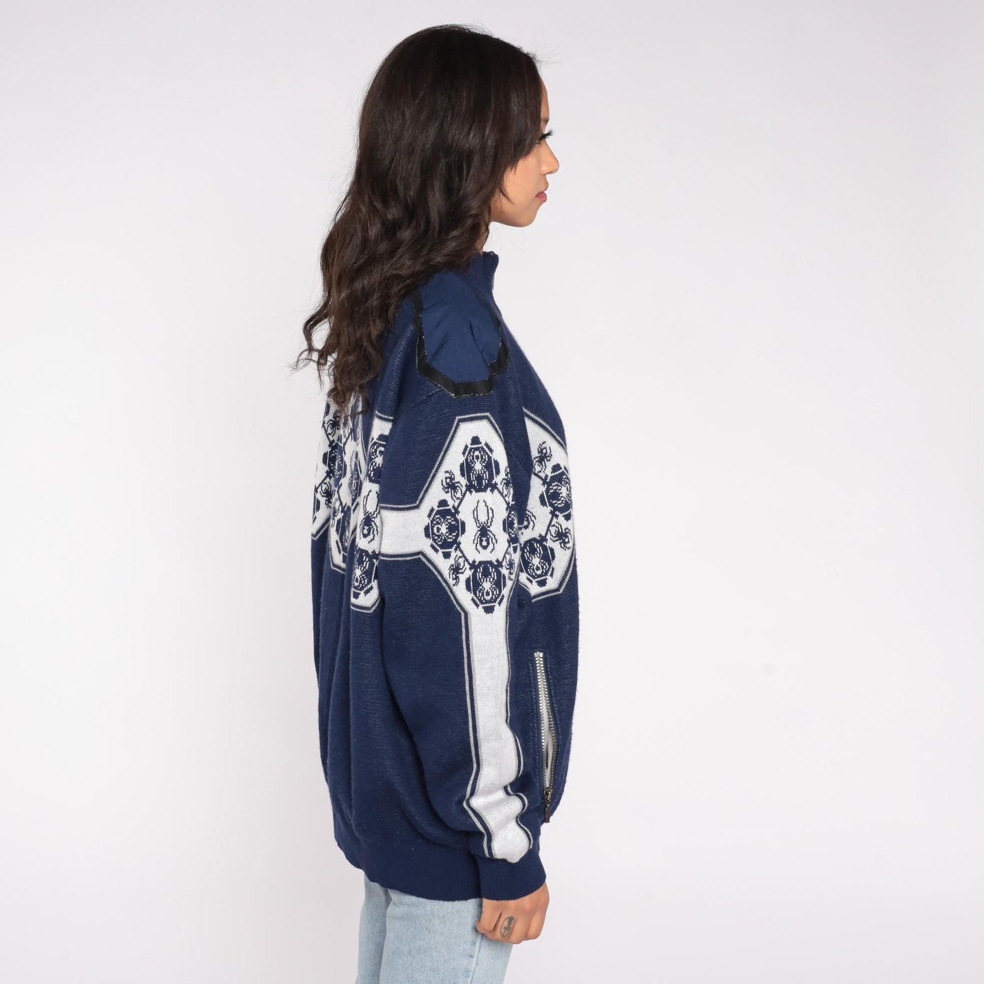 Y2K Spyder Ski Sweater Navy Blue White Geometric Half Zip Knit Extra Large XL