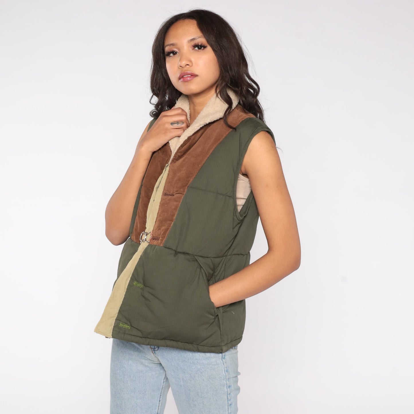 Y2K Olive Green Puffer Vest Corduroy Trim Sherpa Collar Medium M