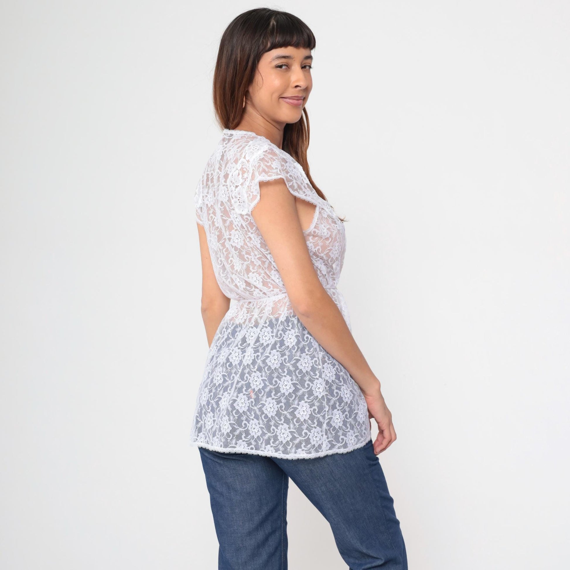 90s Karessa White Lace Blouse Floral Tie Front Cap Sleeve Small S