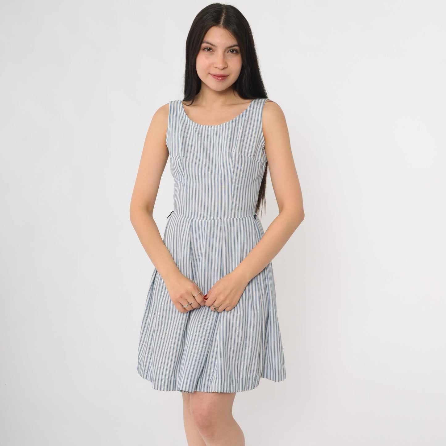 60s Blue White Striped Seersucker Sundress Sleeveless A-Line Scoop Neck Extra Small