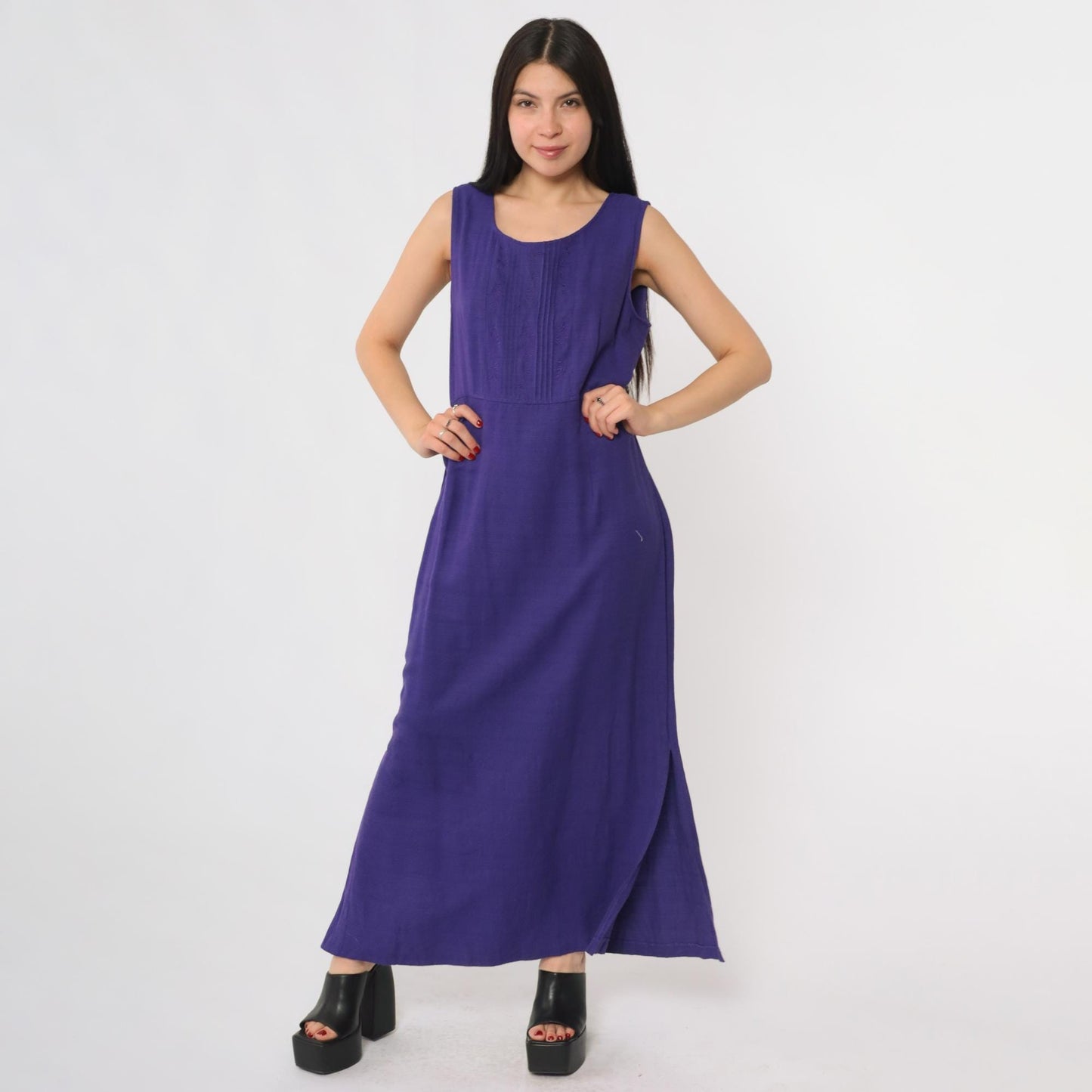 90s Karin Stevens Purple Maxi Dress Embroidered Sleeveless Large L