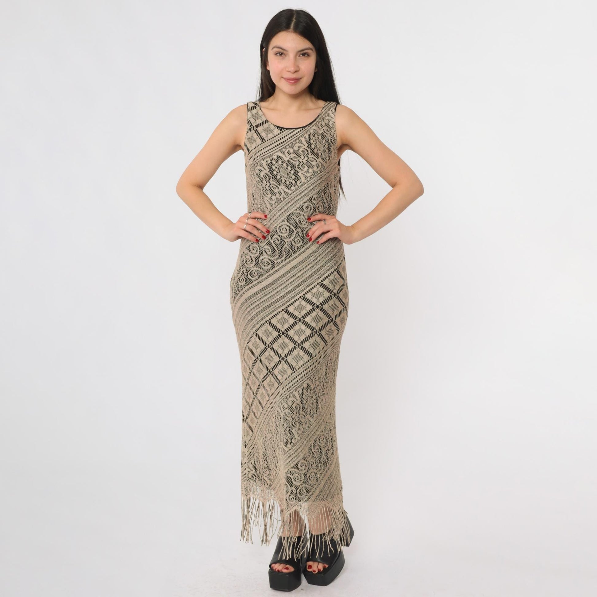 Y2K Crochet Lace Midi Dress Taupe Geometric Fringe Bodycon Small