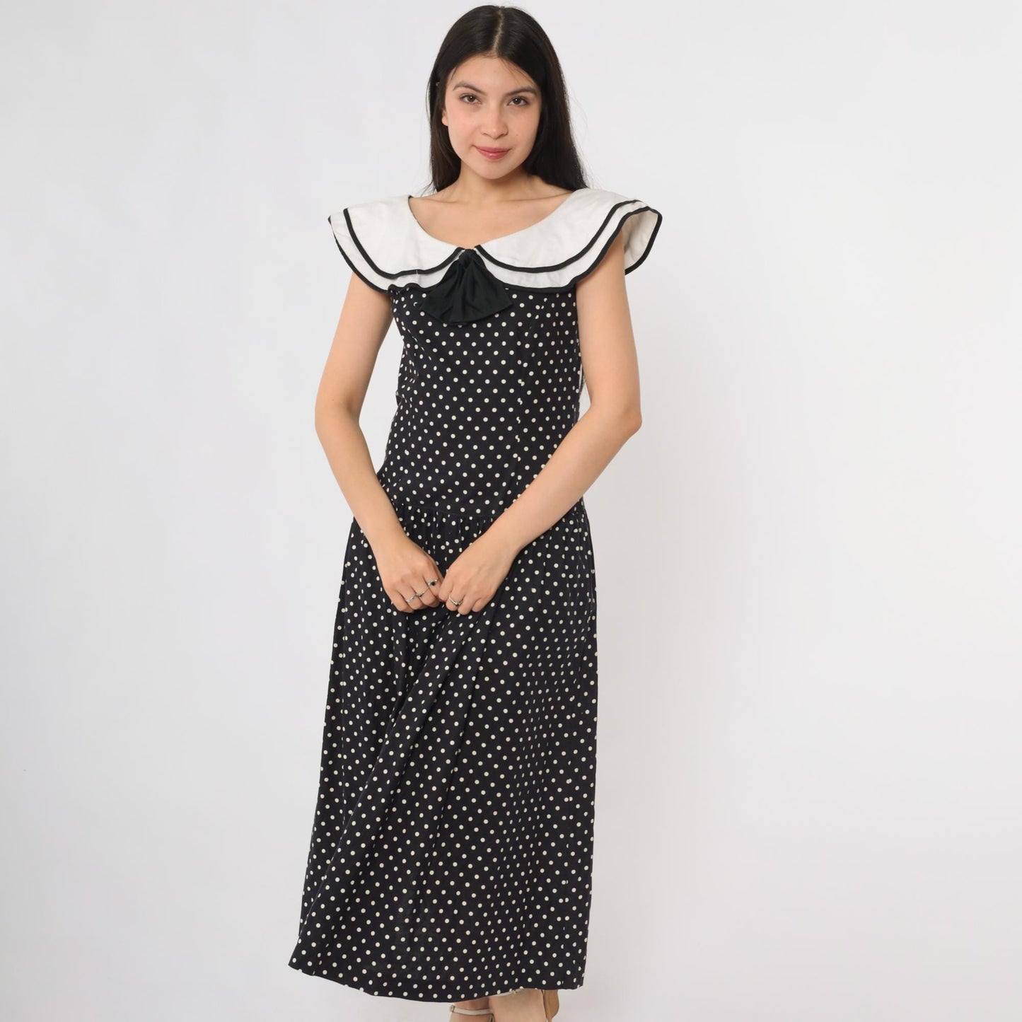 80s Lanz Originals Black White Polka Dot Midi Dress Peter Pan Collar Small