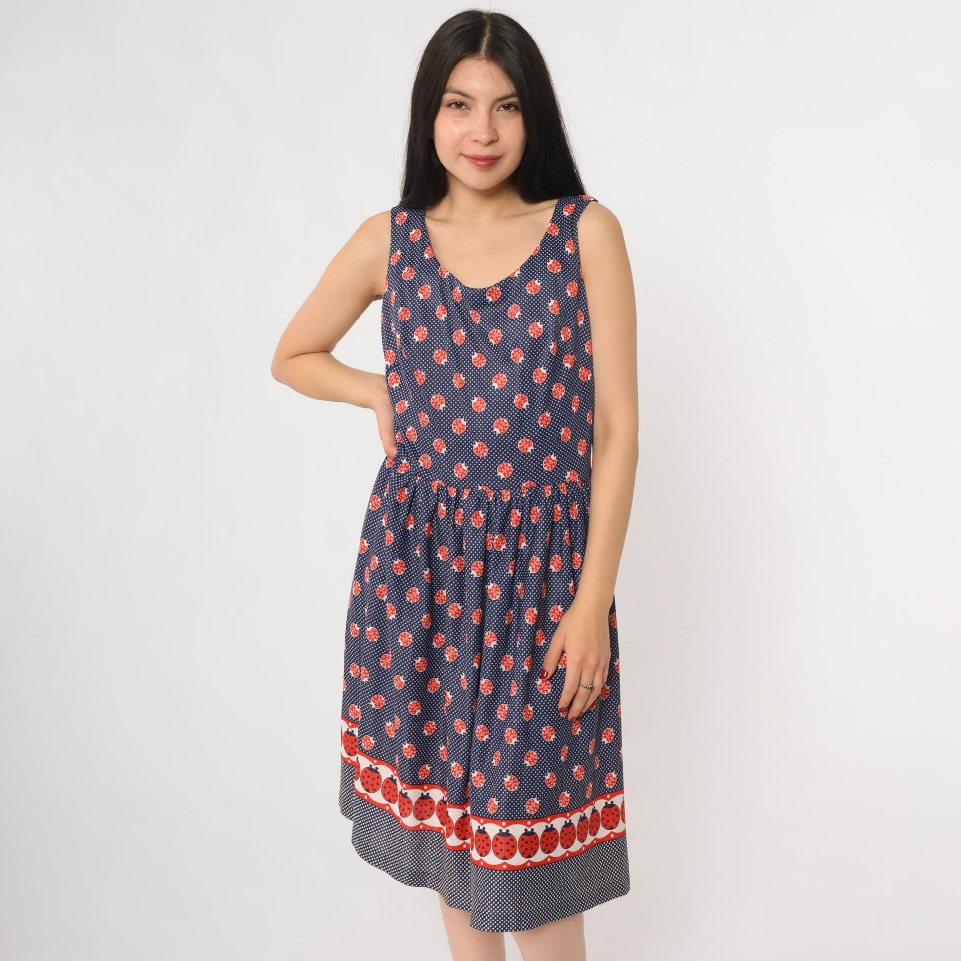 60s Navy Ladybug Polka Dot A-Line Dress Sleeveless Scoop Neck Medium