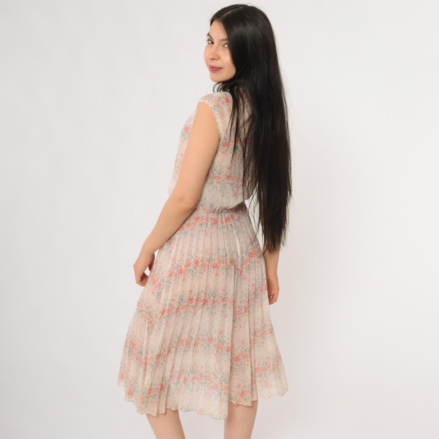 70s Cream Floral Prairie Dress Sleeveless V-Neck Midi Lace Trim Small