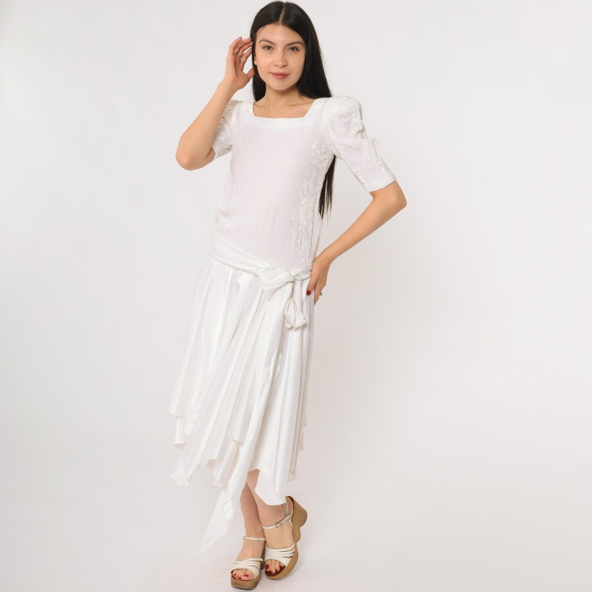 80s White Puff Sleeve Dress Square Neck Wrap Bodice Handkerchief Hem Extra Small XS