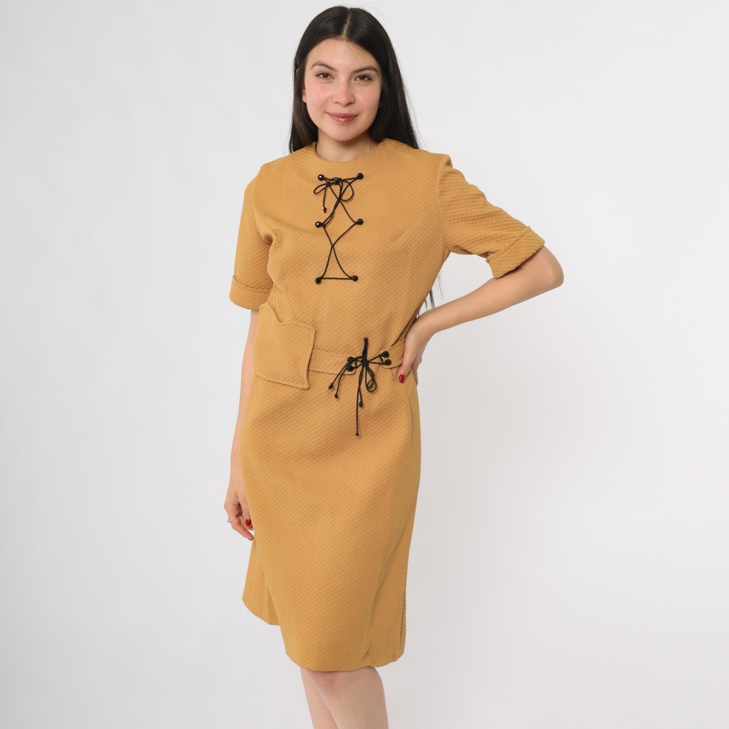 70s Mod Shift Dress Camel Brown Knee Length Lace-Up Detail Medium M