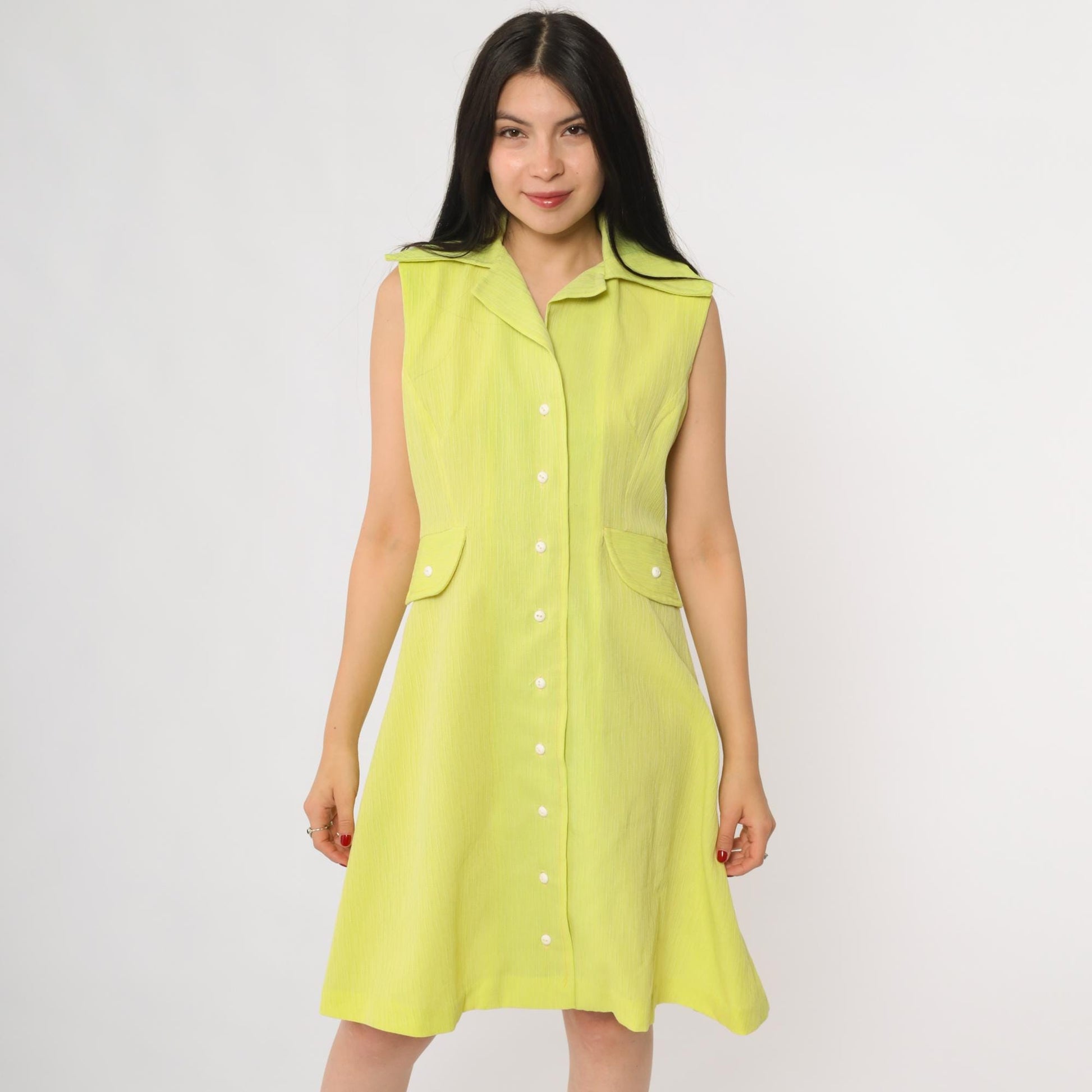 70s Lime Green Mod Mini Dress Pointed Collar A-Line Shift Medium M