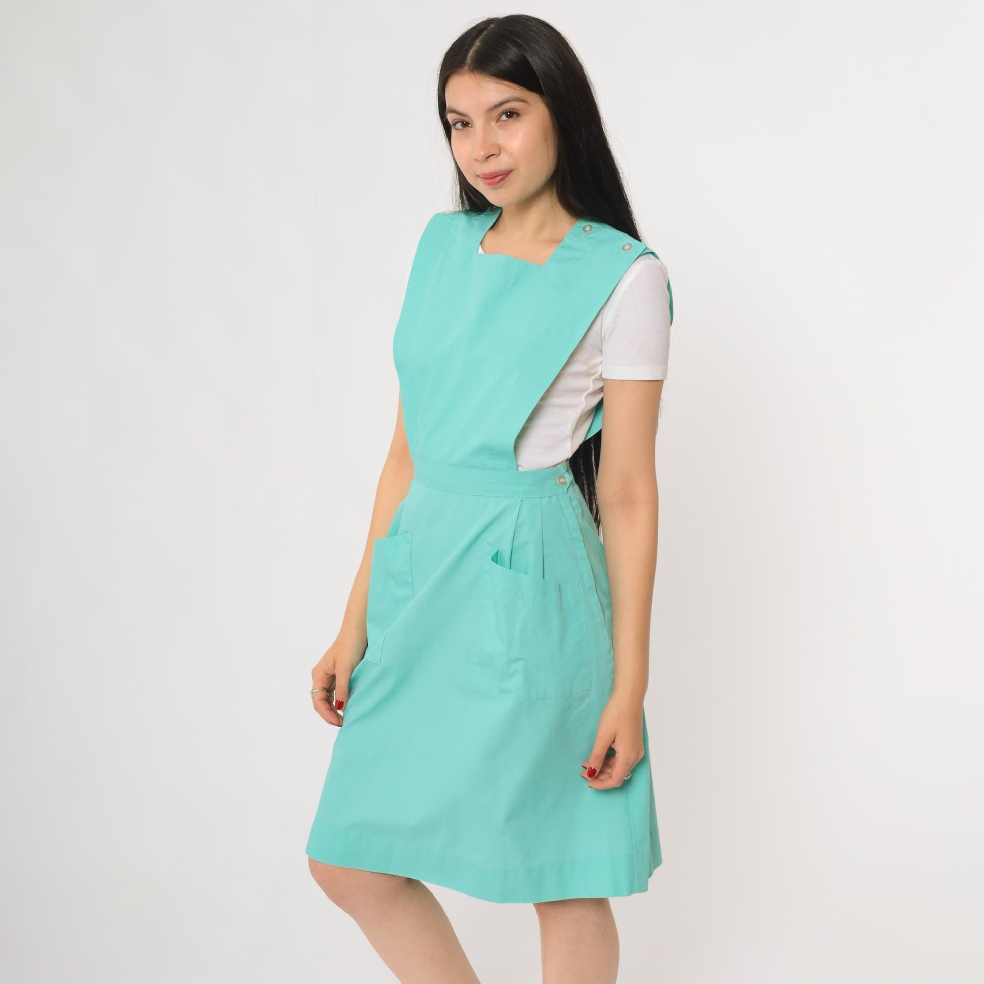 80s Turquoise Pinafore Apron Dress Square Neck Buttoned Straps Knee Length Small