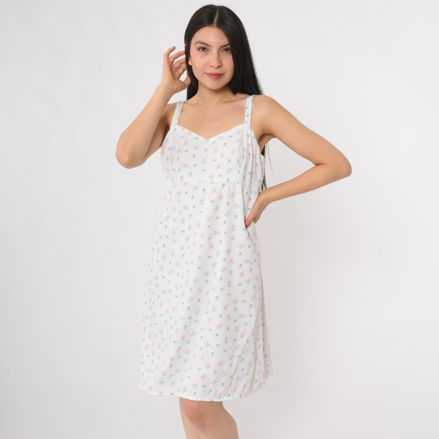 80s Floral Sundress White Pink Blue Cotton Sweetheart Neckline Small