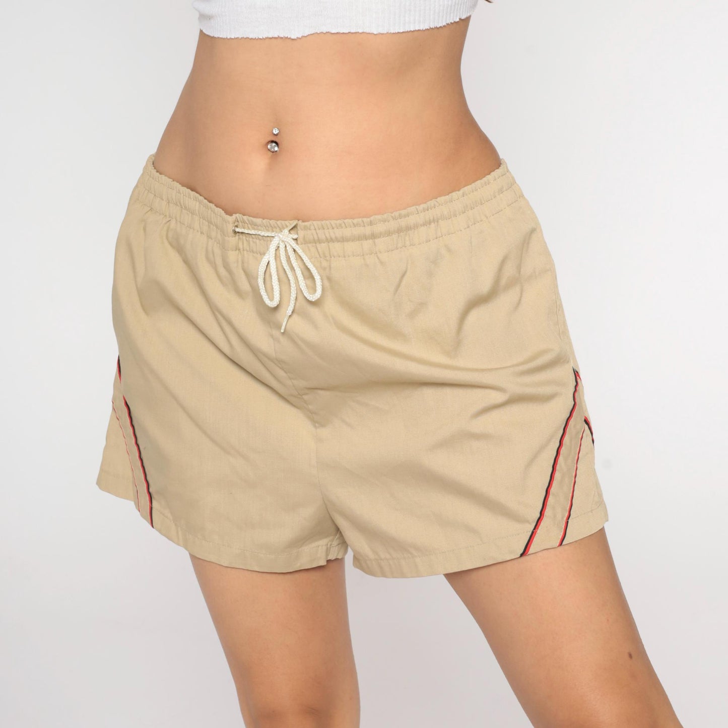 80s Tan Swim Shorts Red Trim Athletic Drawstring Cotton Nylon Medium