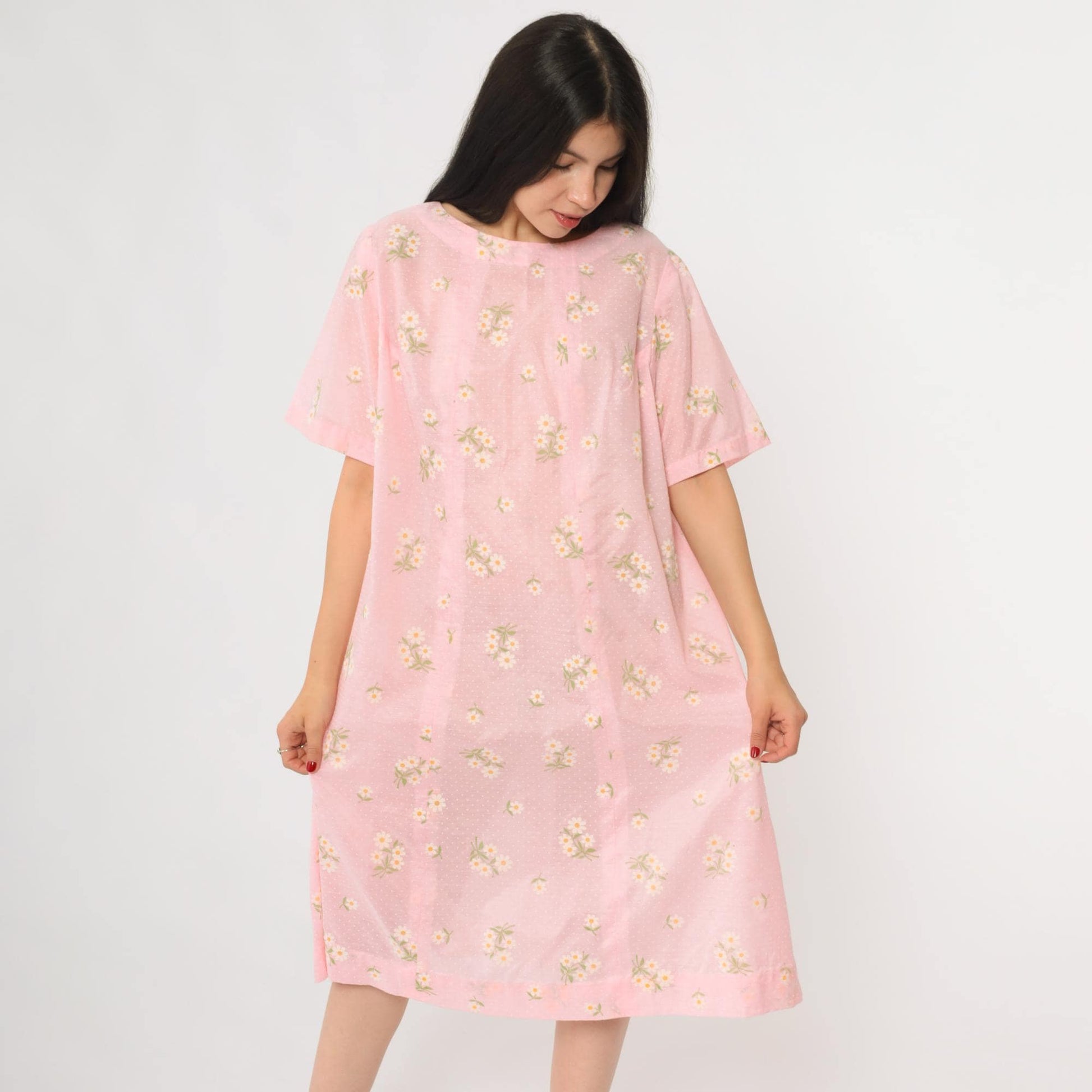 70s Pink Daisy Floral Midi Dress Short Sleeve Pullover Cotton Large
