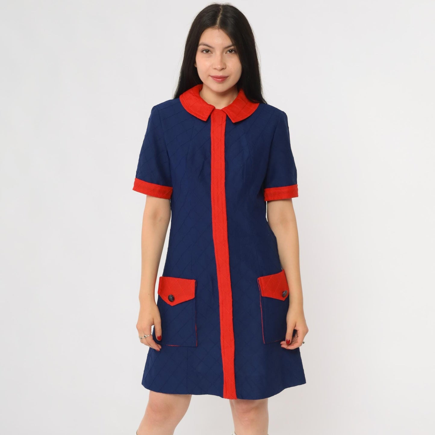 60s Mod Mini Dress Navy Red Colorblock Peter Pan Collar Shift Medium M