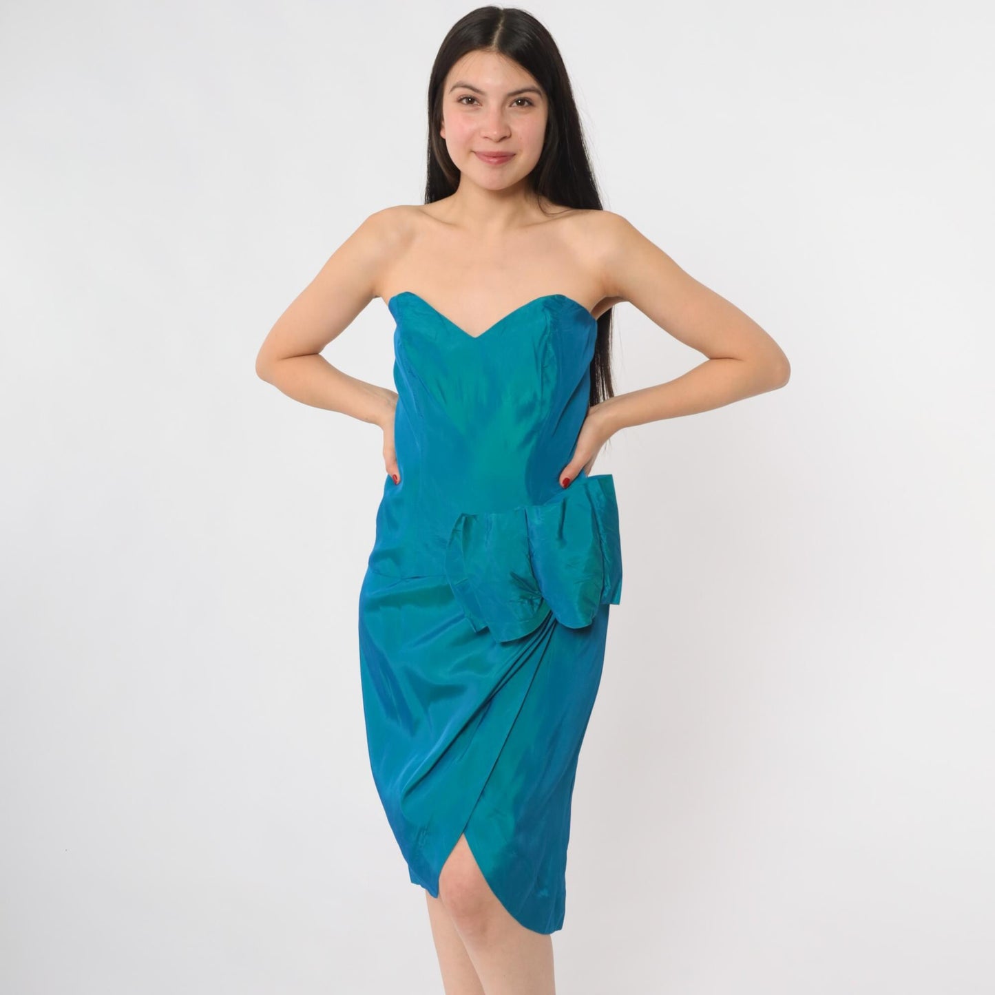 80s Niki Teal Strapless Sweetheart Bow Knee-Length Cocktail Dress Small