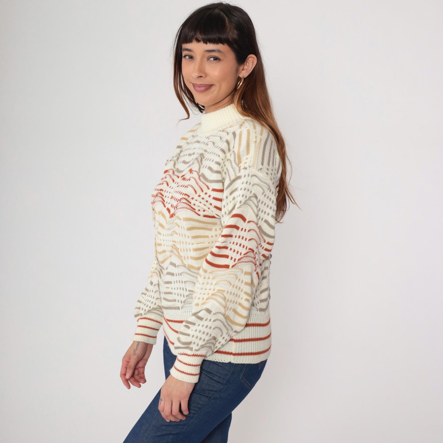 80s Cream Wave Pattern Turtleneck Sweater Red Tan Chunky Knit Small S