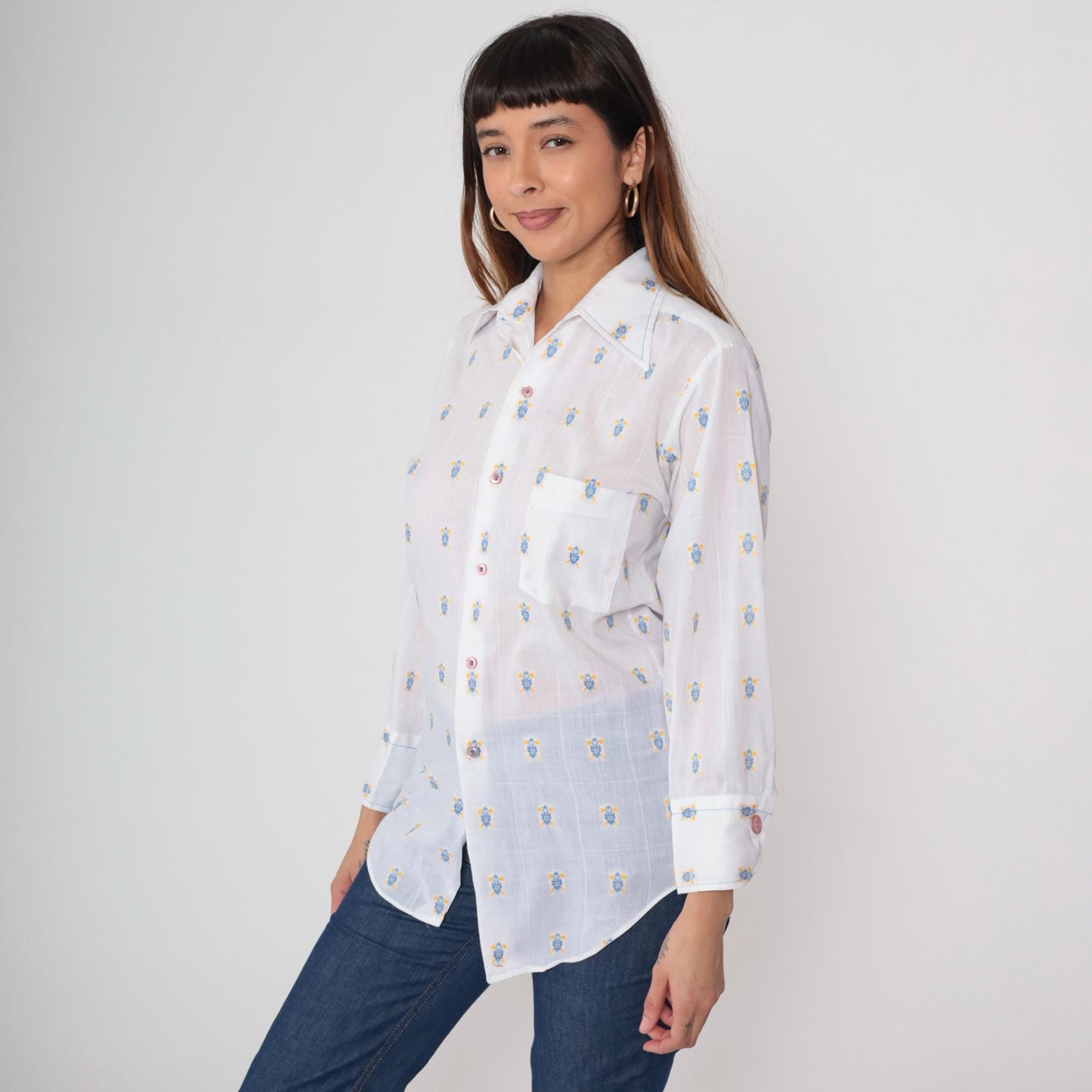70s Lancer of California Turtle Print Button-Up Shirt White Cotton Medium