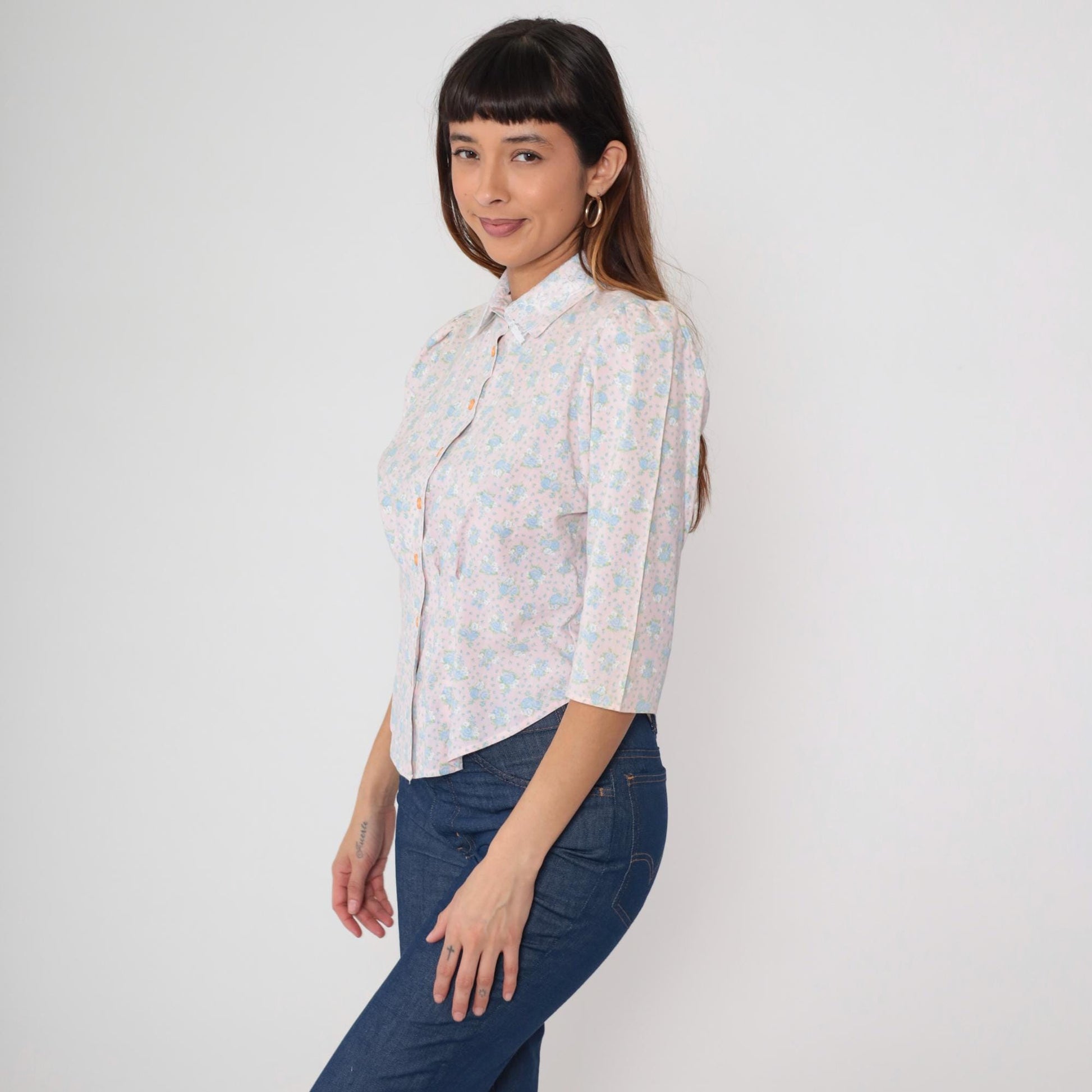 80s Pink Blue Floral Puff Sleeve Blouse Button Front Three Quarter Small