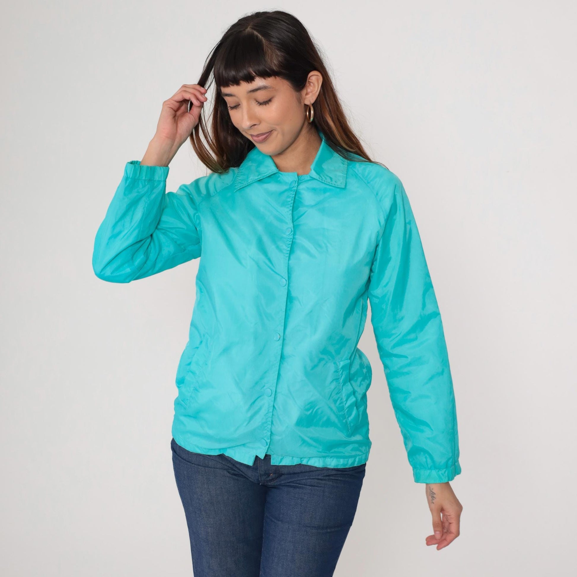 80s Teal Nylon Windbreaker Snap-Up Jacket Cotton Lined Small