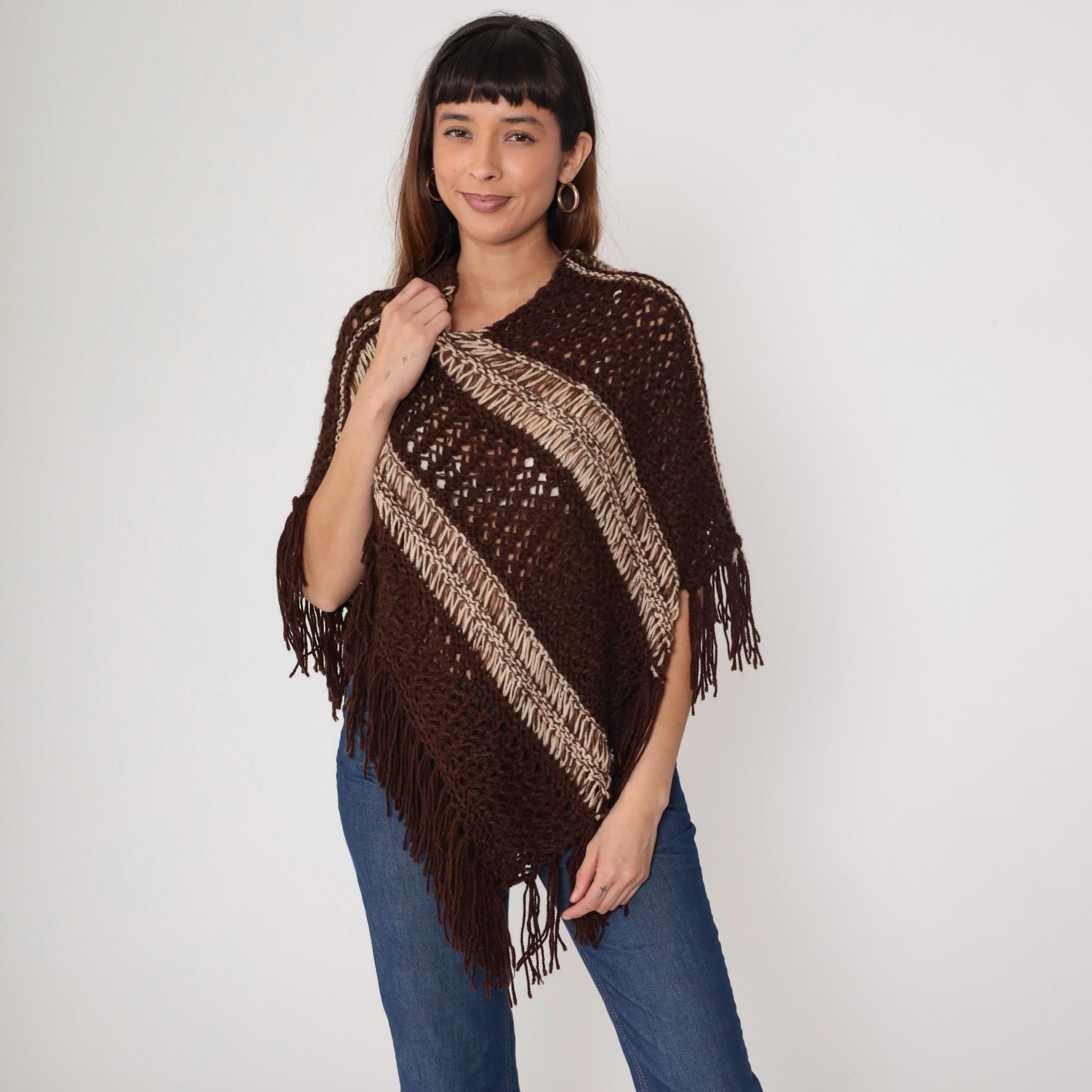 1970s Brown Crochet Poncho Fringe Geometric Stripe Knit Small Medium