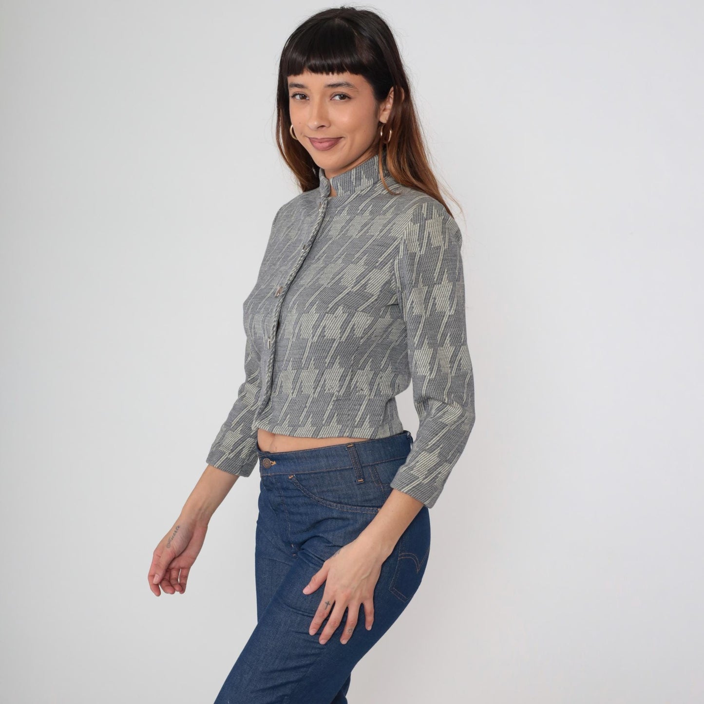 1960s Grey Houndstooth Cropped Jacket Button Front Stand Collar Small S