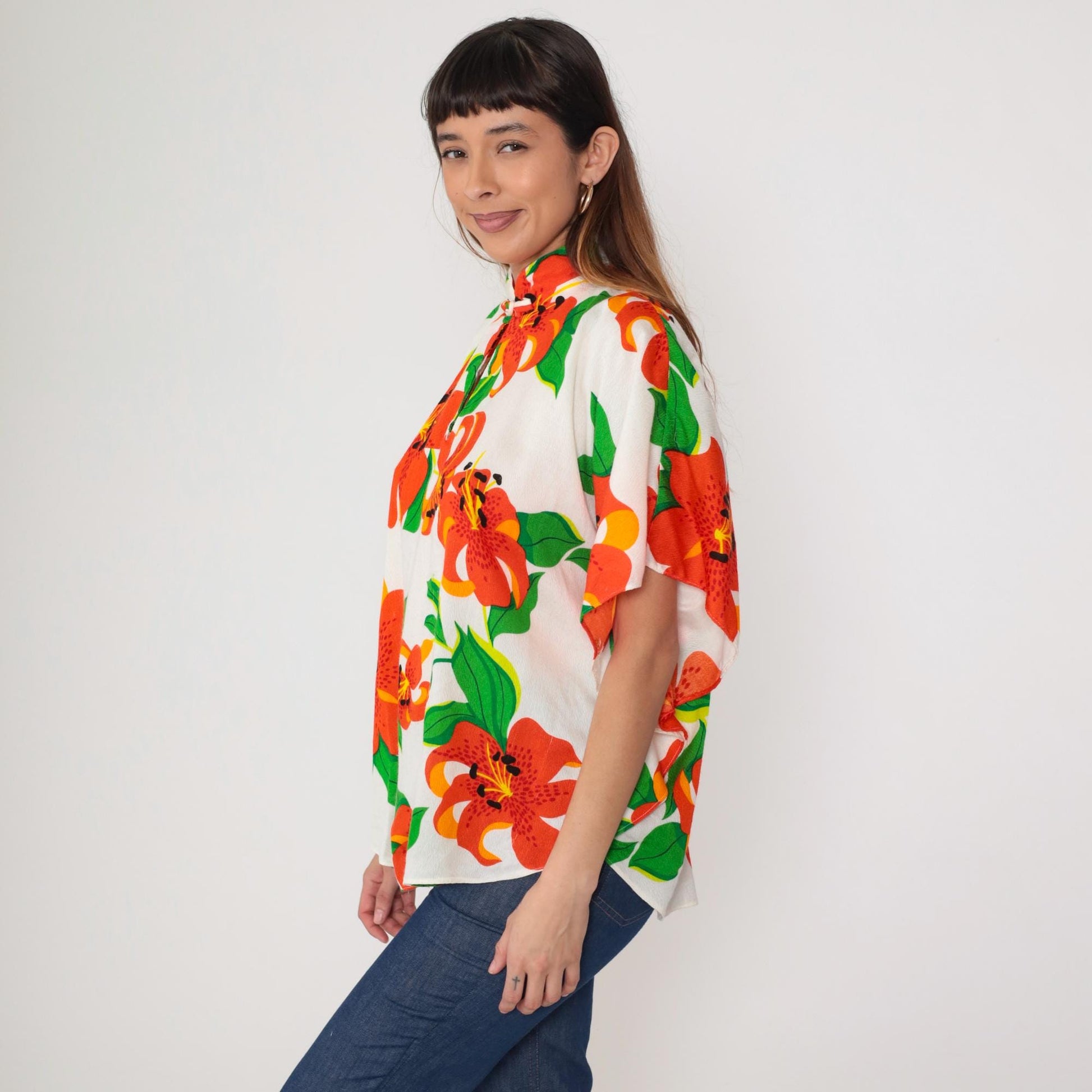 70s Waltah Clarkes Tropical Floral Caftan Kimono Blouse White One Size