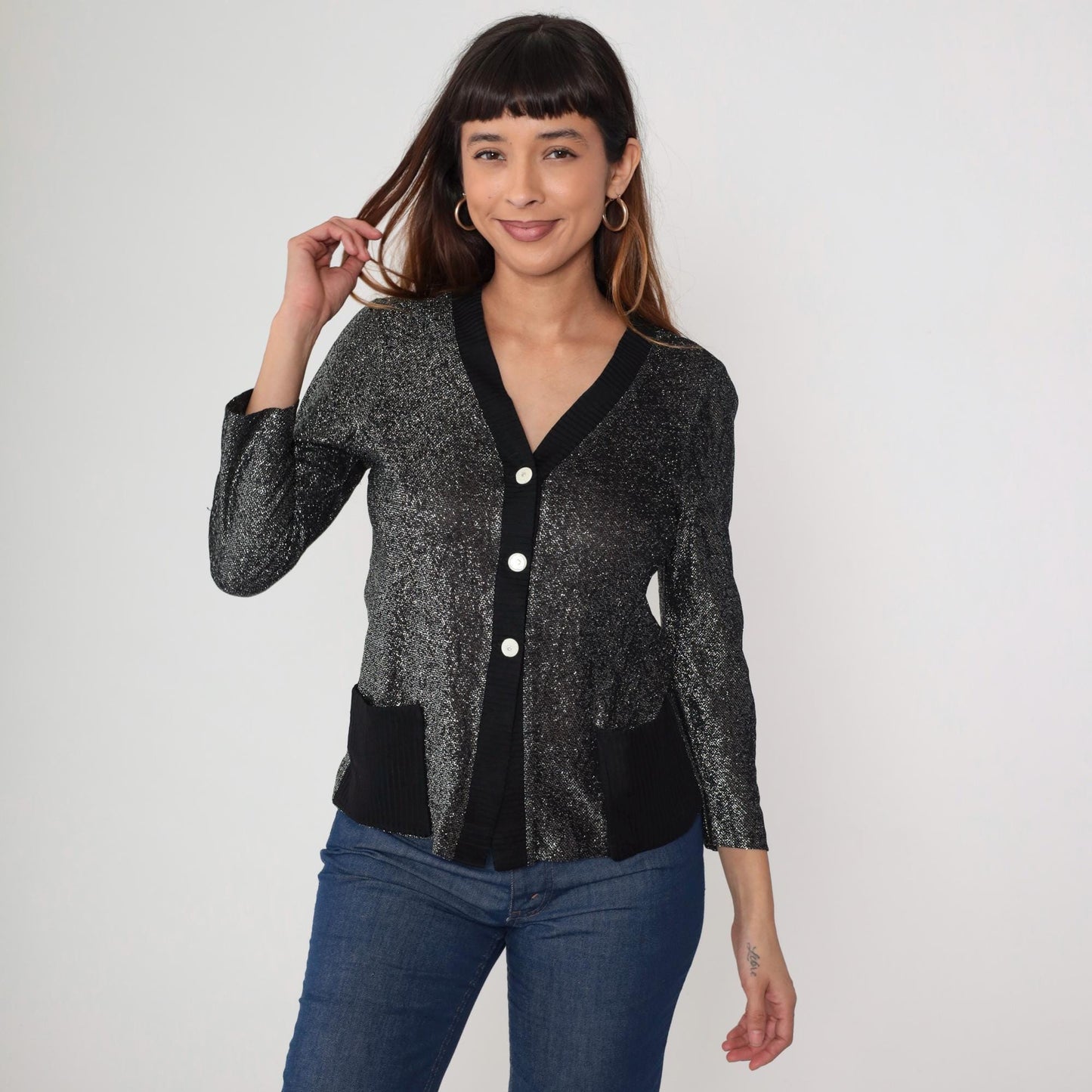 70s Black Silver Lurex Cardigan Deep V Button Front Metallic Knit Medium