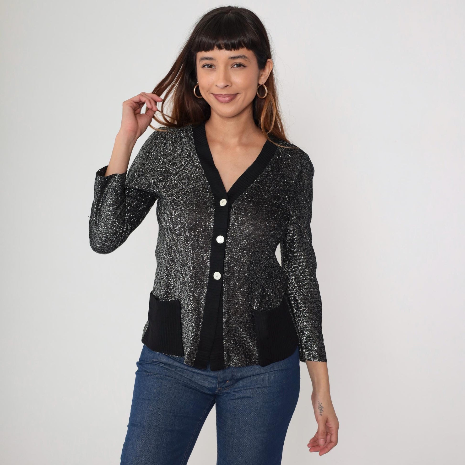 70s Black Silver Lurex Cardigan Deep V Button Front Metallic Knit Medium