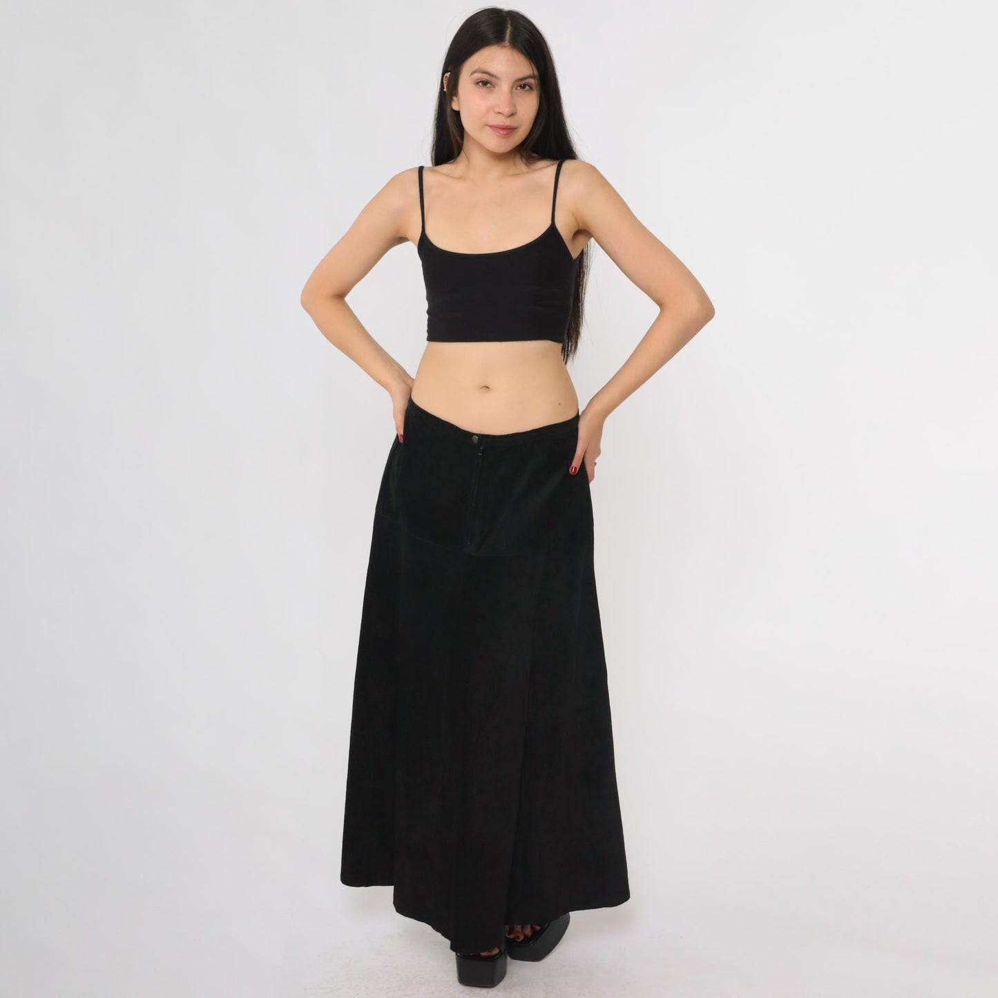 90s Marlynn Traditions Black Leather Maxi Skirt A-Line Large L