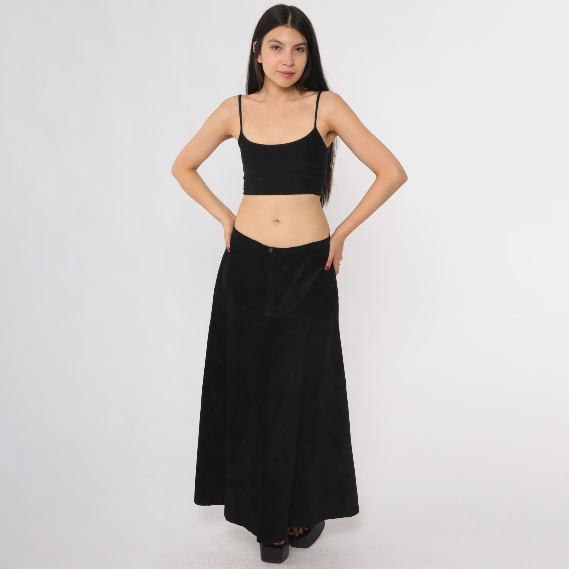 90s Marlynn Traditions Black Leather Maxi Skirt A-Line Large L