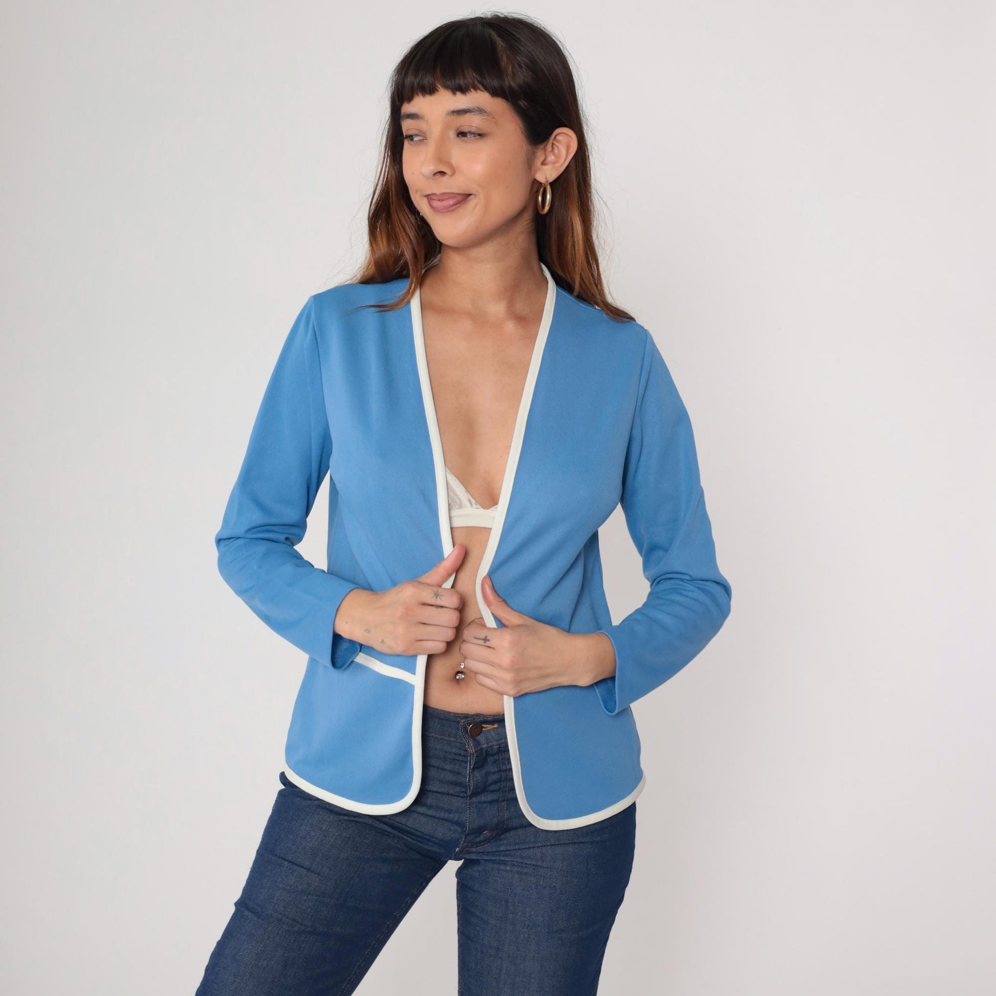 70s Lady Blair Blue Jacket White Piping Open Front Long Sleeve Medium