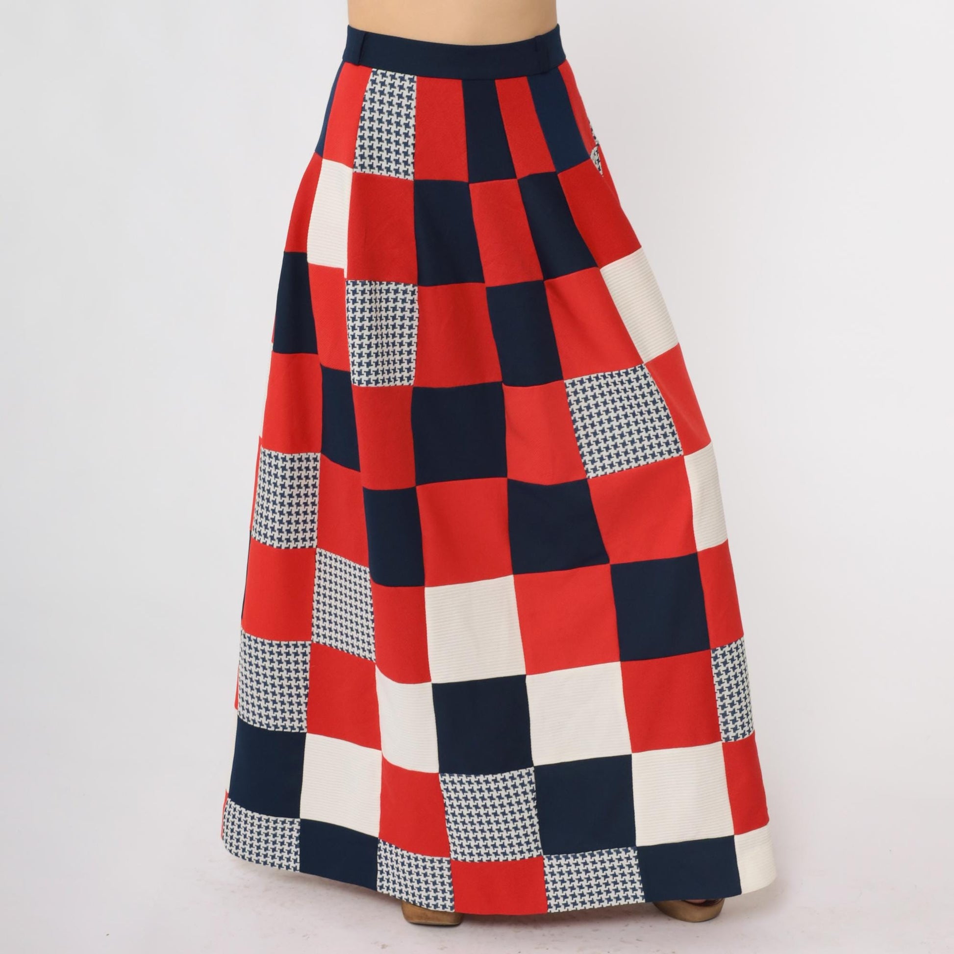 70s Red White Blue Patchwork Maxi Skirt High Waist Flared Medium