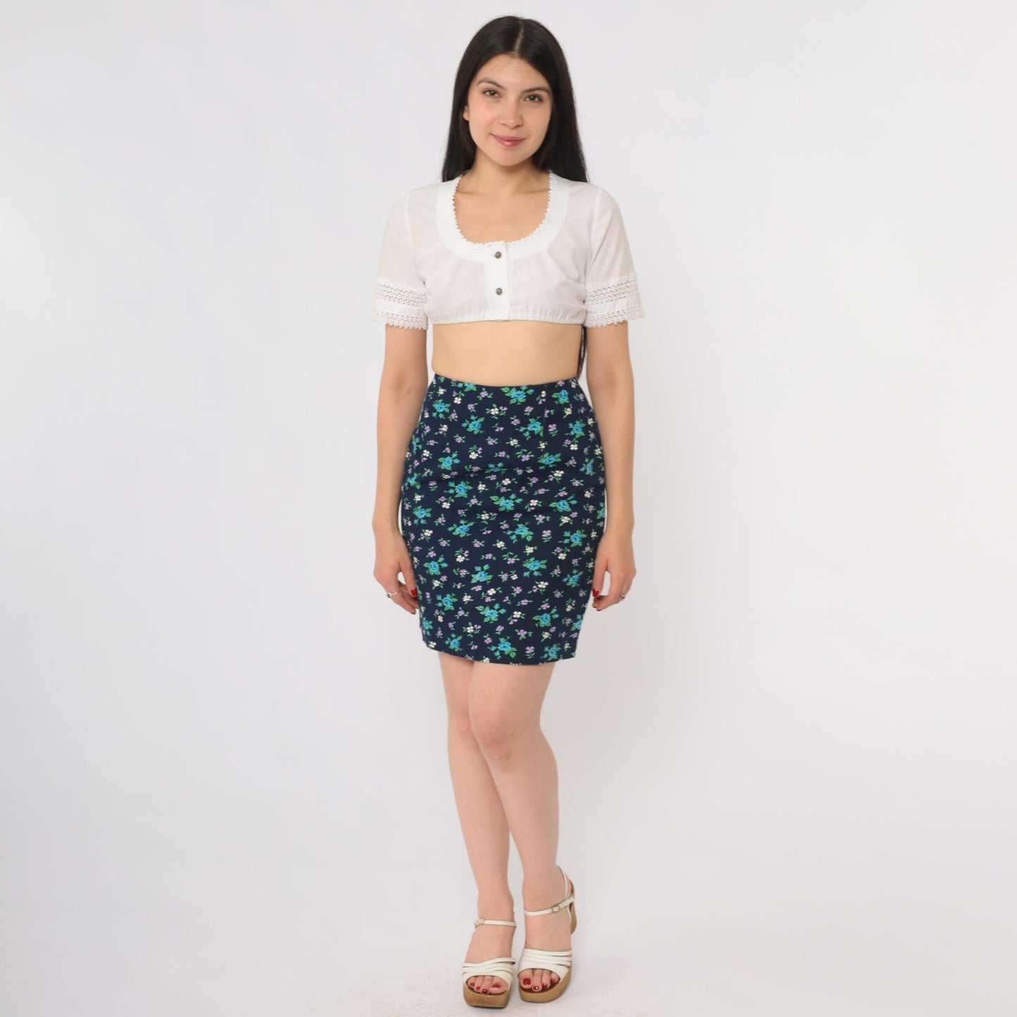 60s Navy Ditsy Floral Mini Skirt High Waist Straight Cut Cotton Blend Extra Small XS