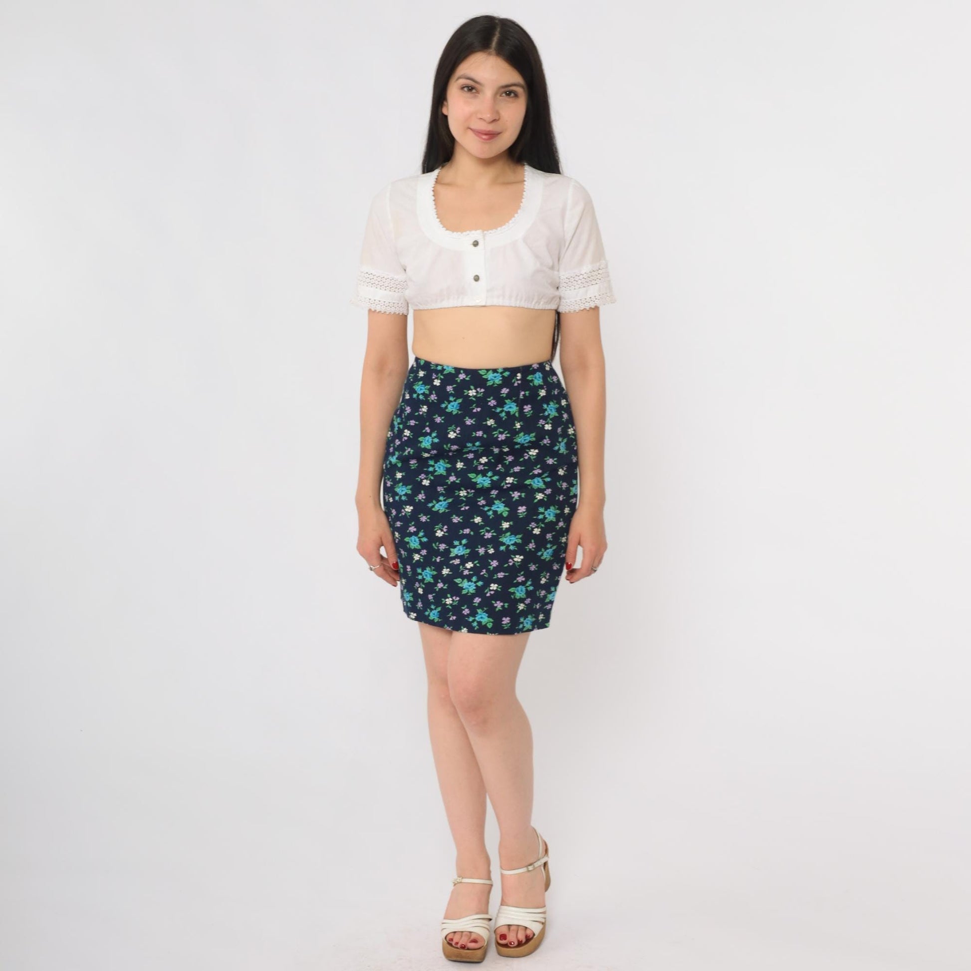 60s Navy Ditsy Floral Mini Skirt High Waist Straight Cut Cotton Blend Extra Small XS