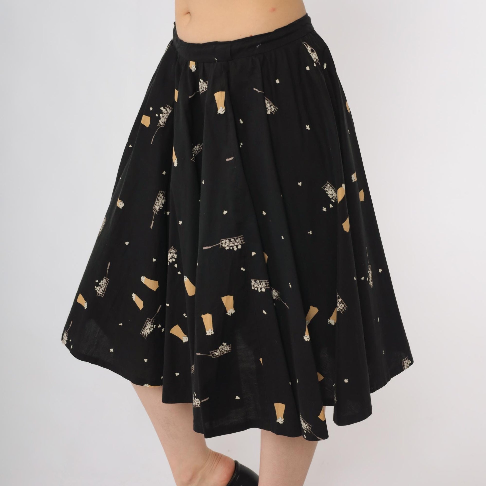 60s Popcorn Print A-Line Skirt Black Novelty Knee Length High Waist Medium