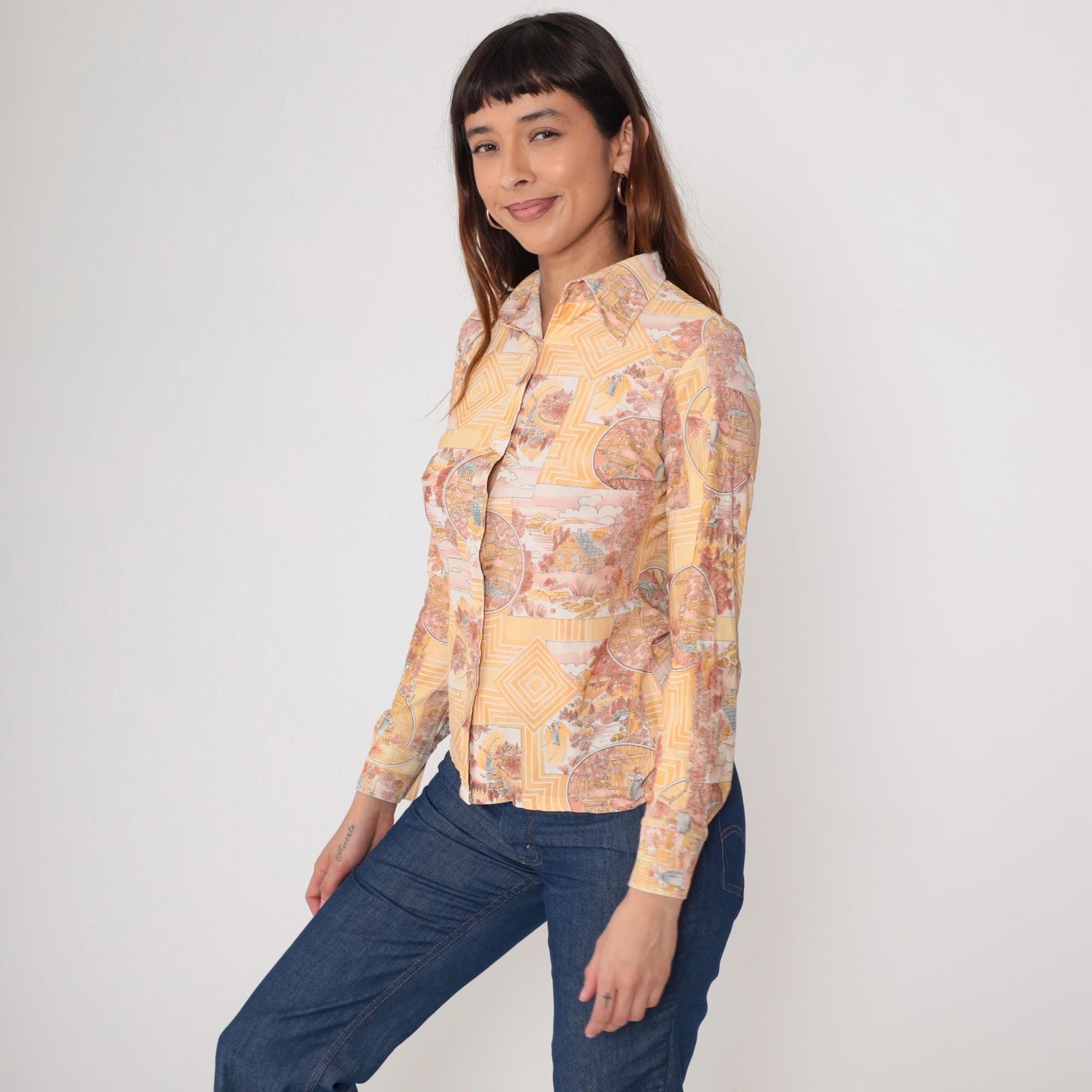 70s Scenic Toile Button-Up Shirt Orange Pink Pastoral Print Small S
