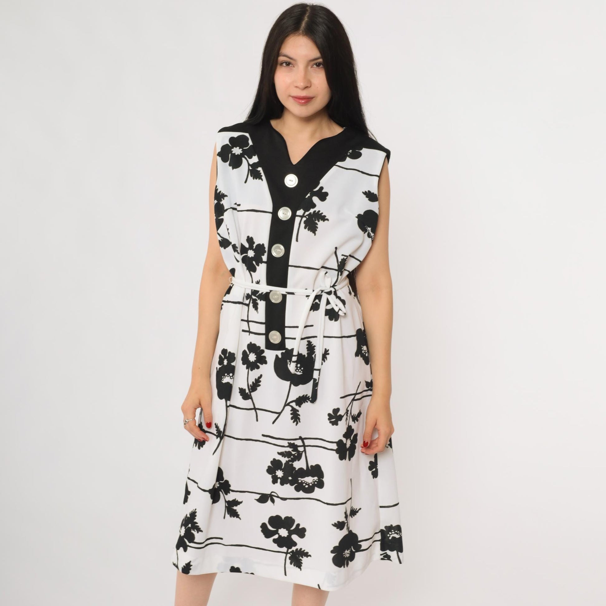 70s Prissy Black White Floral Botanical A-Line Dress Button Front Extra Large XL