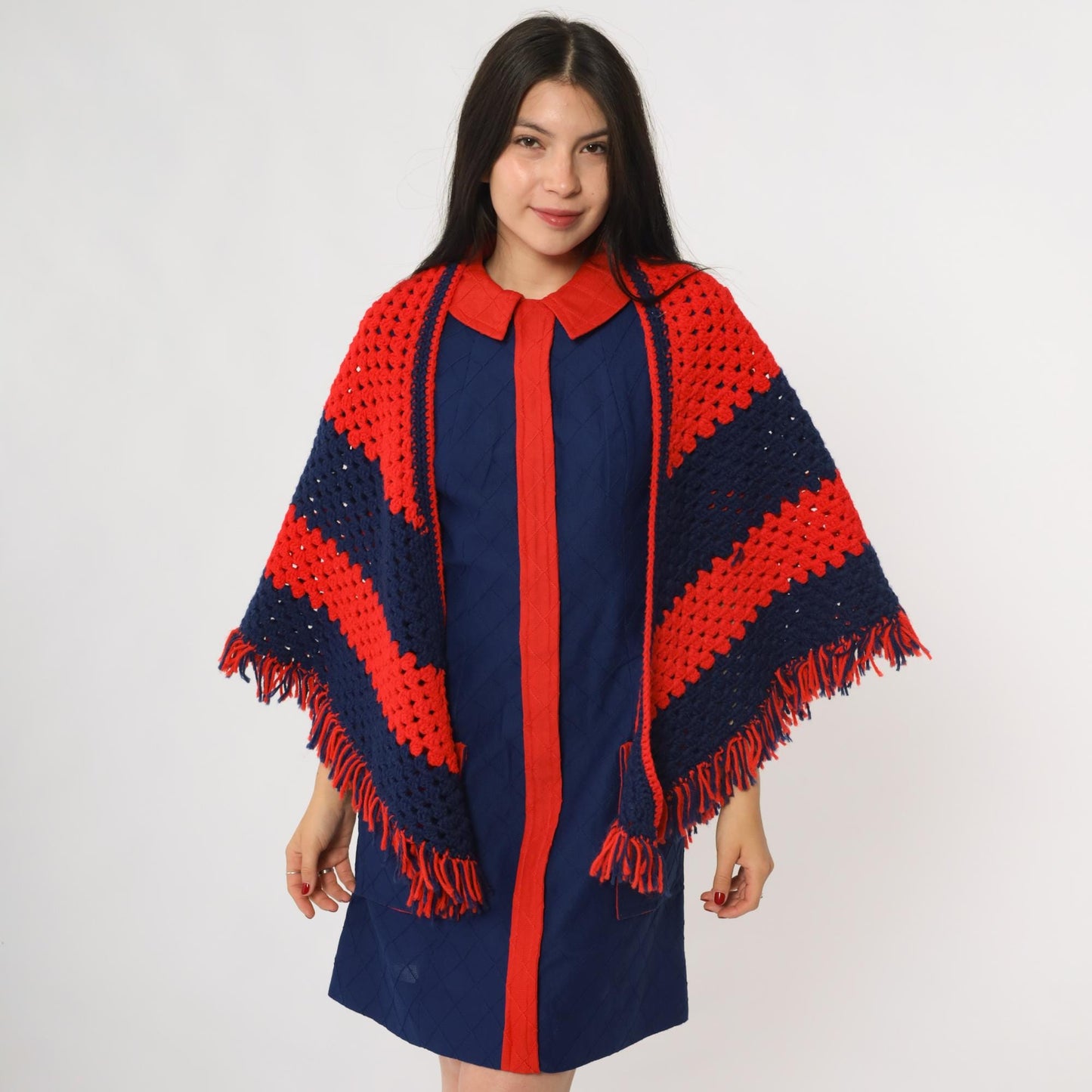 70s Crochet Shawl Red Navy Granny Square Triangle Poncho Fringe One Size