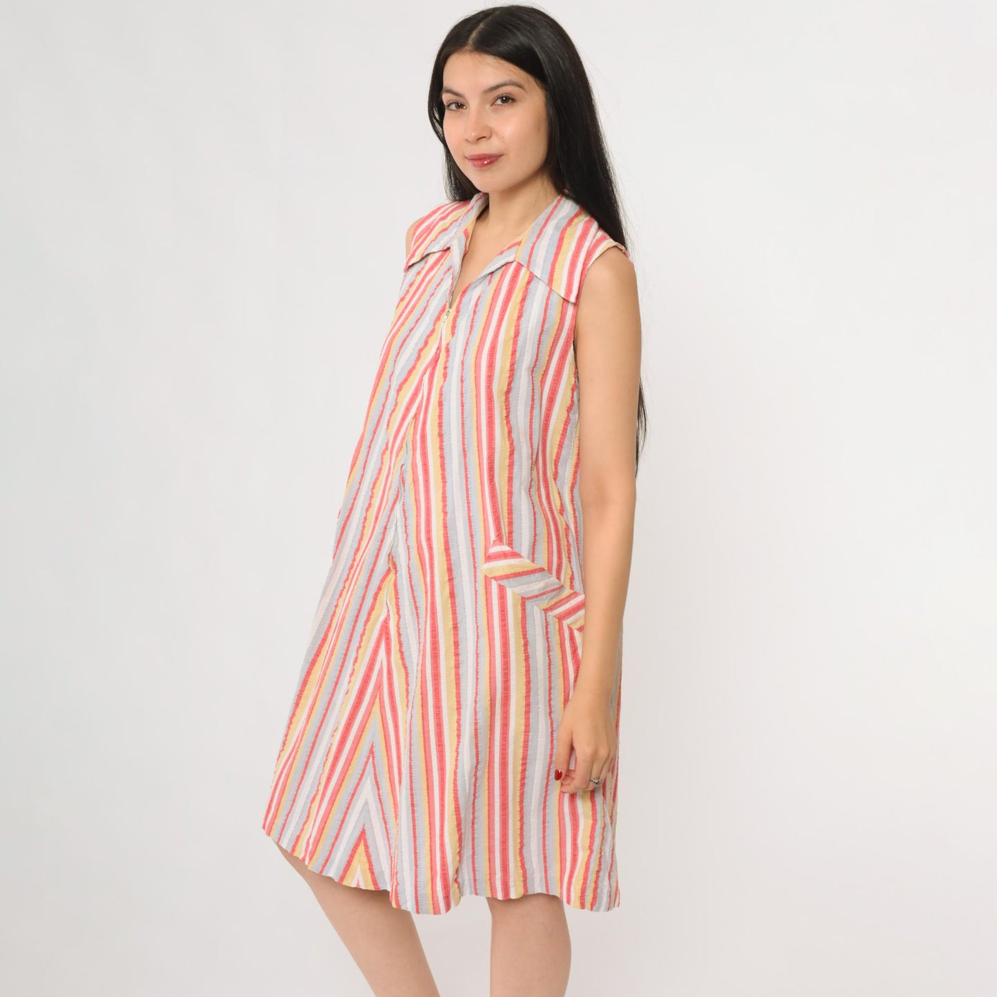 70s Go-Ins Rainbow Stripe A-Line Zip Front Dress Cotton Medium