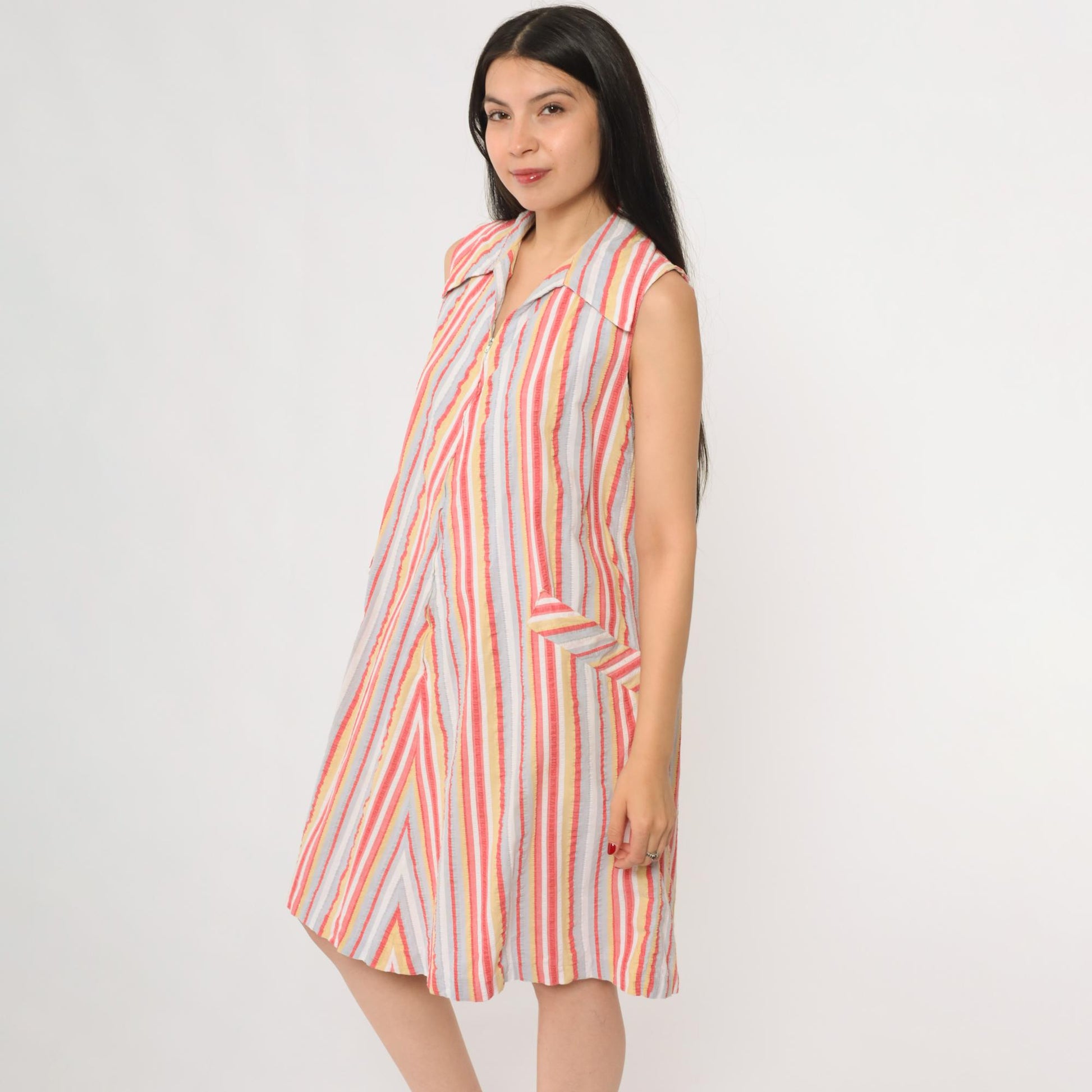 70s Go-Ins Rainbow Stripe A-Line Zip Front Dress Cotton Medium
