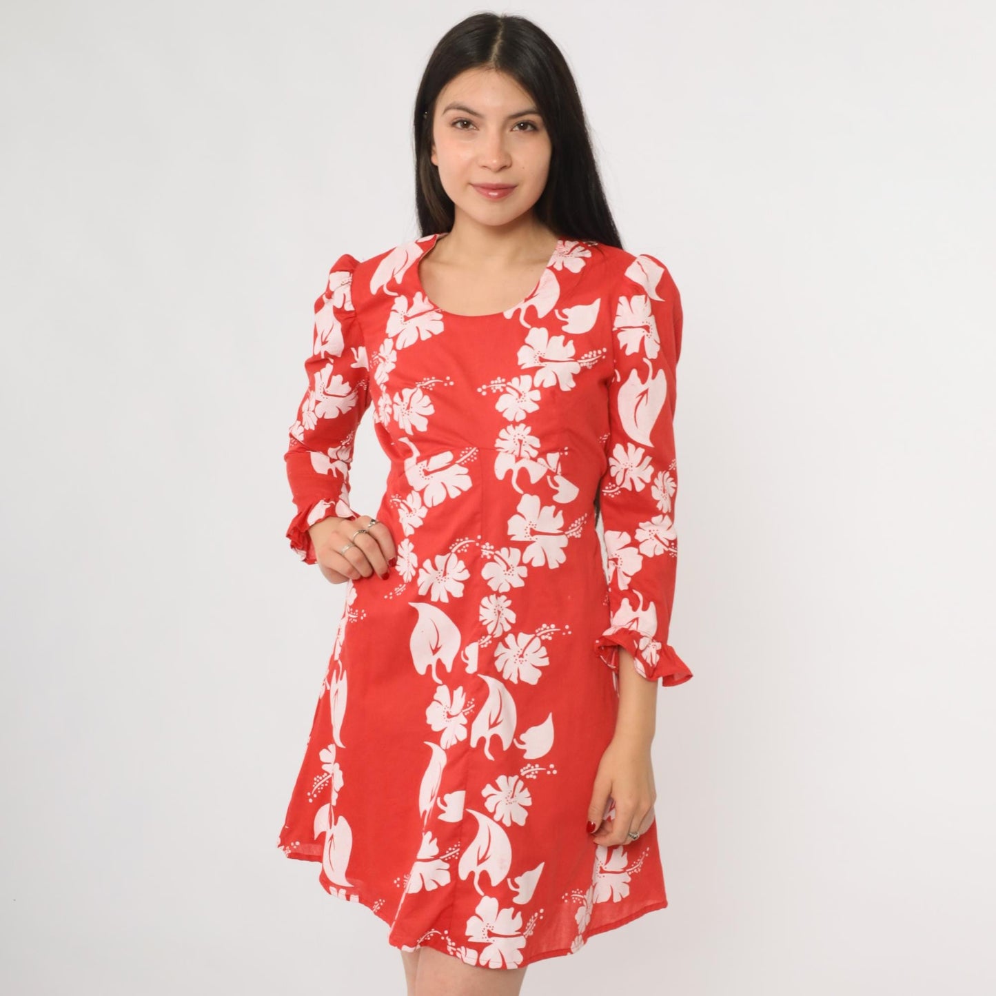 70s Hawaiian Hibiscus Floral Dress Red White Long Sleeve Ruffle Medium