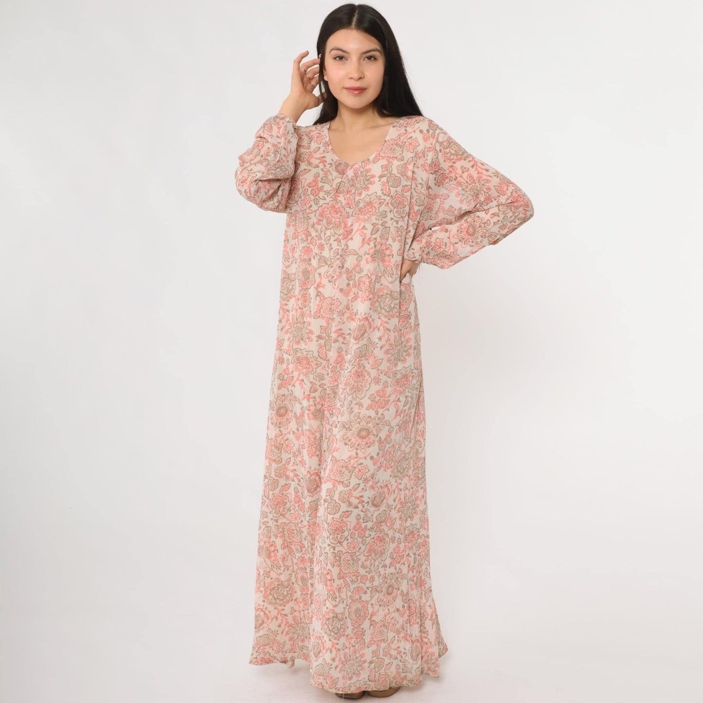 70s Paisley Floral Maxi Dress Pink Brown Long Sleeve Caftan V-Neck Medium Large