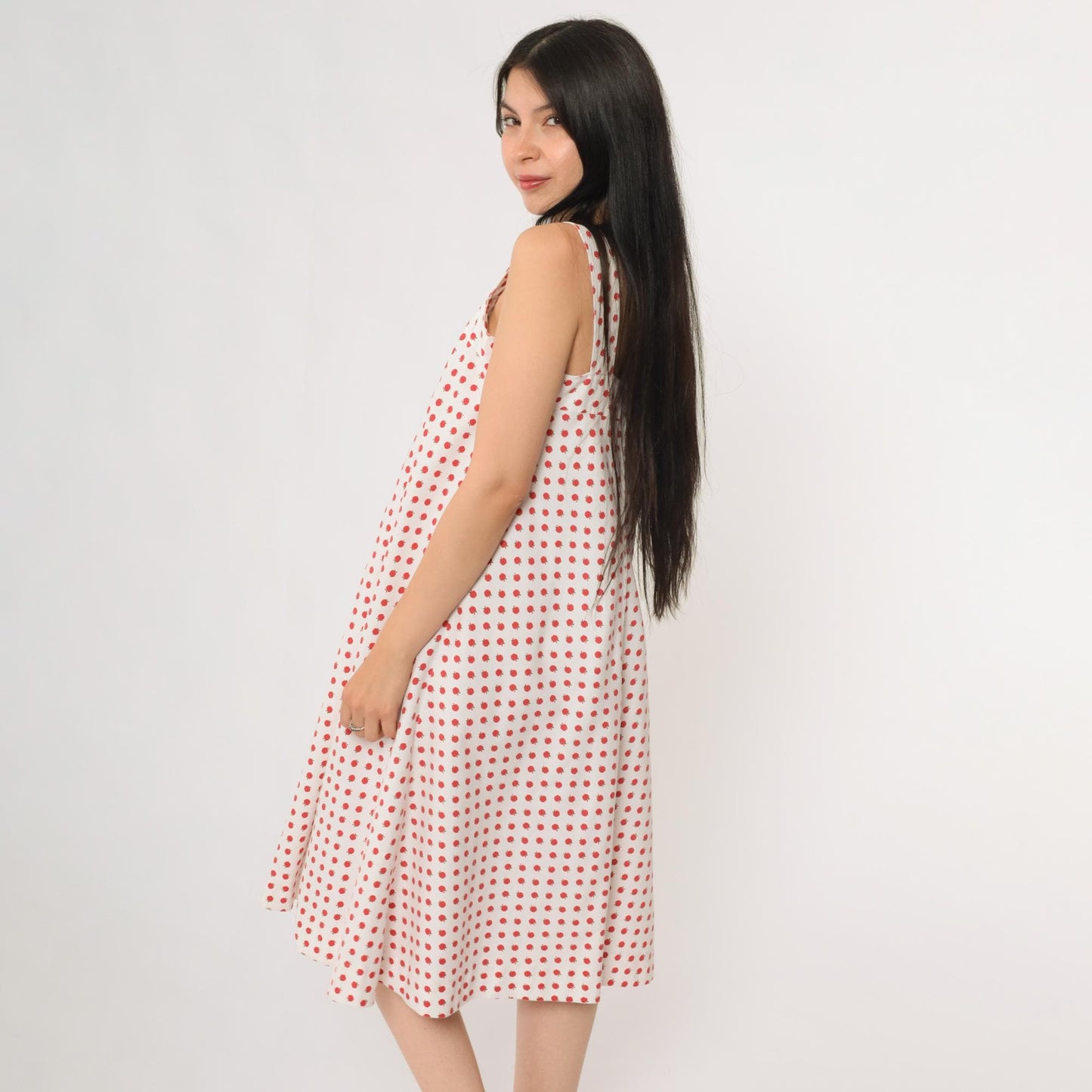 70s Apple Print Midi Dress White Red Novelty Fruit Sundress Small