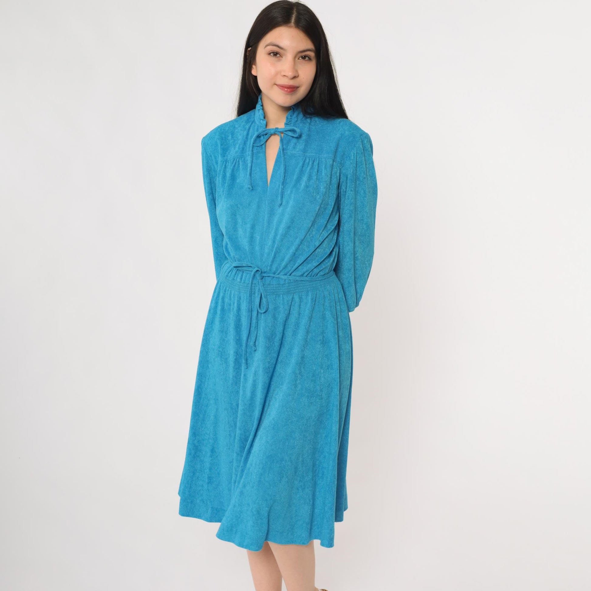 70s Blue Terrycloth Dress Ruffle Tie Front Keyhole Three Quarter Sleeve Midi Large L