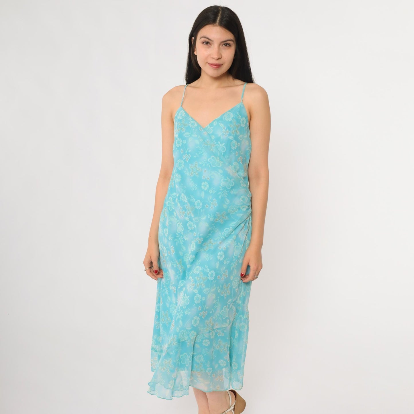 Y2K New York & Company Aqua Floral Slip Dress Midi Spaghetti Strap Large